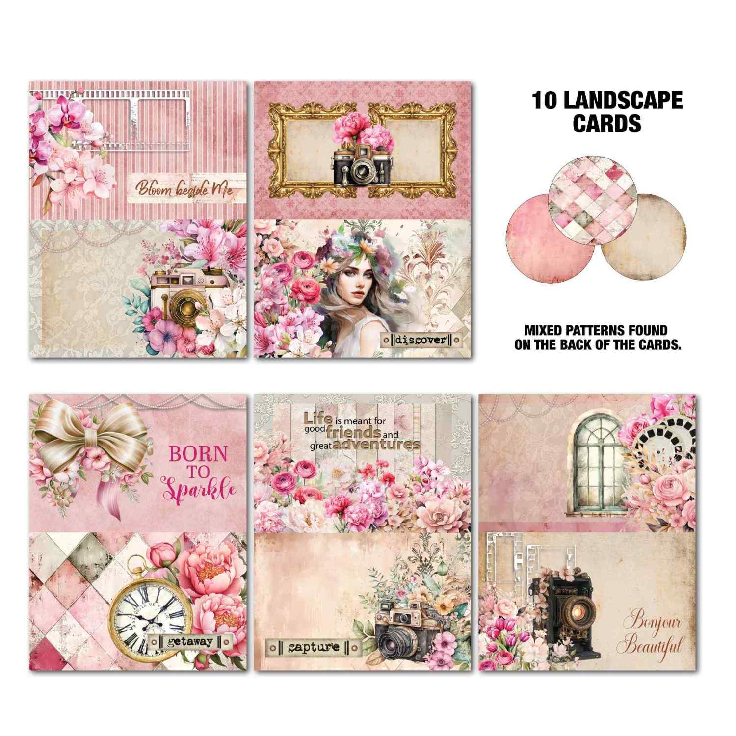 Shutter Glam Gimme More 10 landscape Tuck N Play cards showing Bloom Beside Me, gold frame with camera, Discover woman with floral crown, Born to Sparkle, Life is Meant for Good Friends, Capture, Bonjour Beautiful, Getaway and floral designs