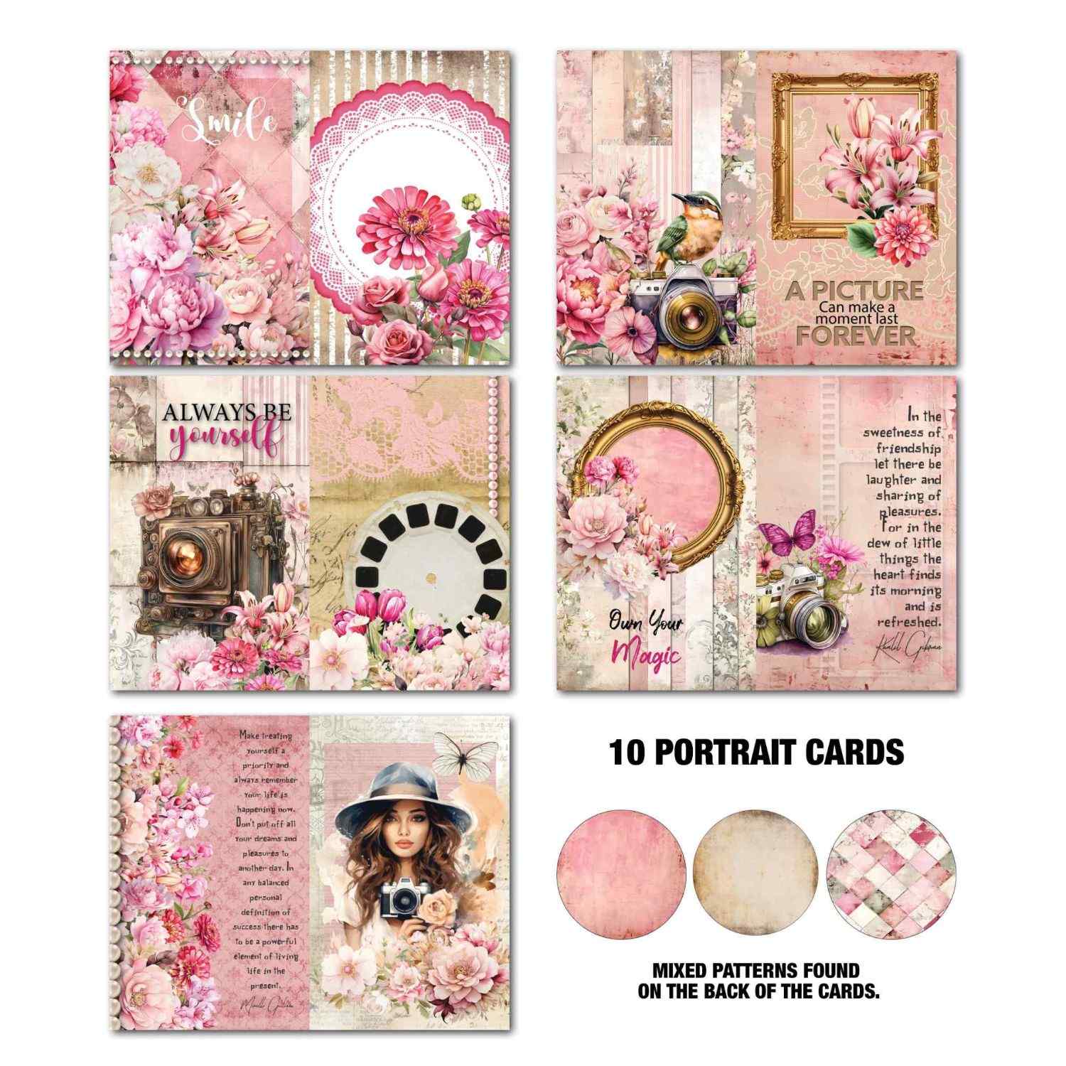 Shutter Glam Gimme More 10 portrait Tuck N Play cards showing Smile, A Picture Can Make a Moment Last Forever, Always Be Yourself, Own Your Magic, woman in hat with camera and mixed reverse patterns