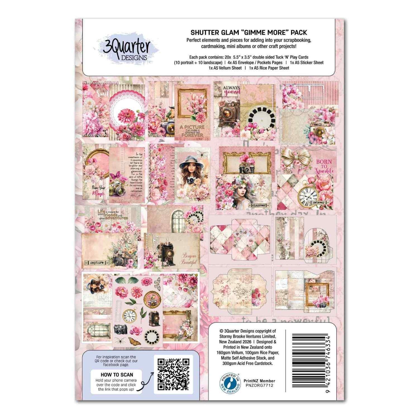 Shutter Glam Gimme More Pack back cover showing all 20 Tuck N Play card designs and pack contents
