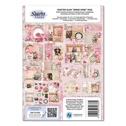 Shutter Glam Gimme More Pack back cover showing all 20 Tuck N Play card designs and pack contents