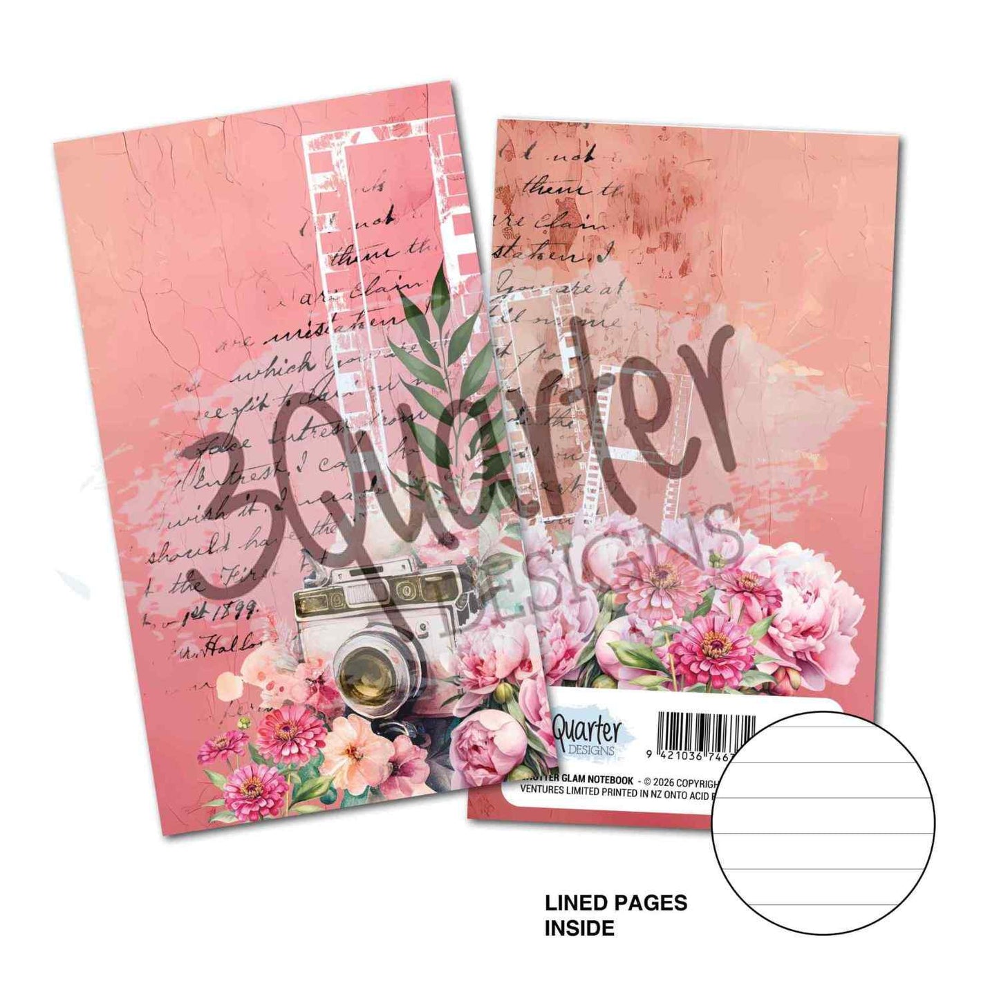 Shutter Glam Mini Notebook showing coral distressed cover with vintage camera, film strip, script journaling and pink peonies, zinnias and cosmos