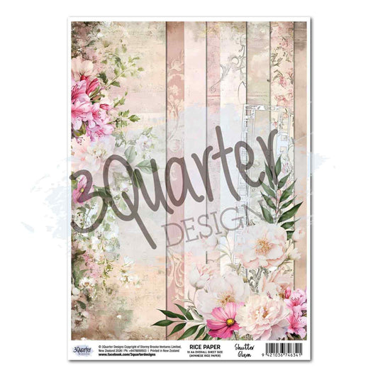 Shutter Glam A4 rice paper with blush and cream vertical panels, damask scrollwork, film strip, pink alstroemeria, white peonies and cosmos