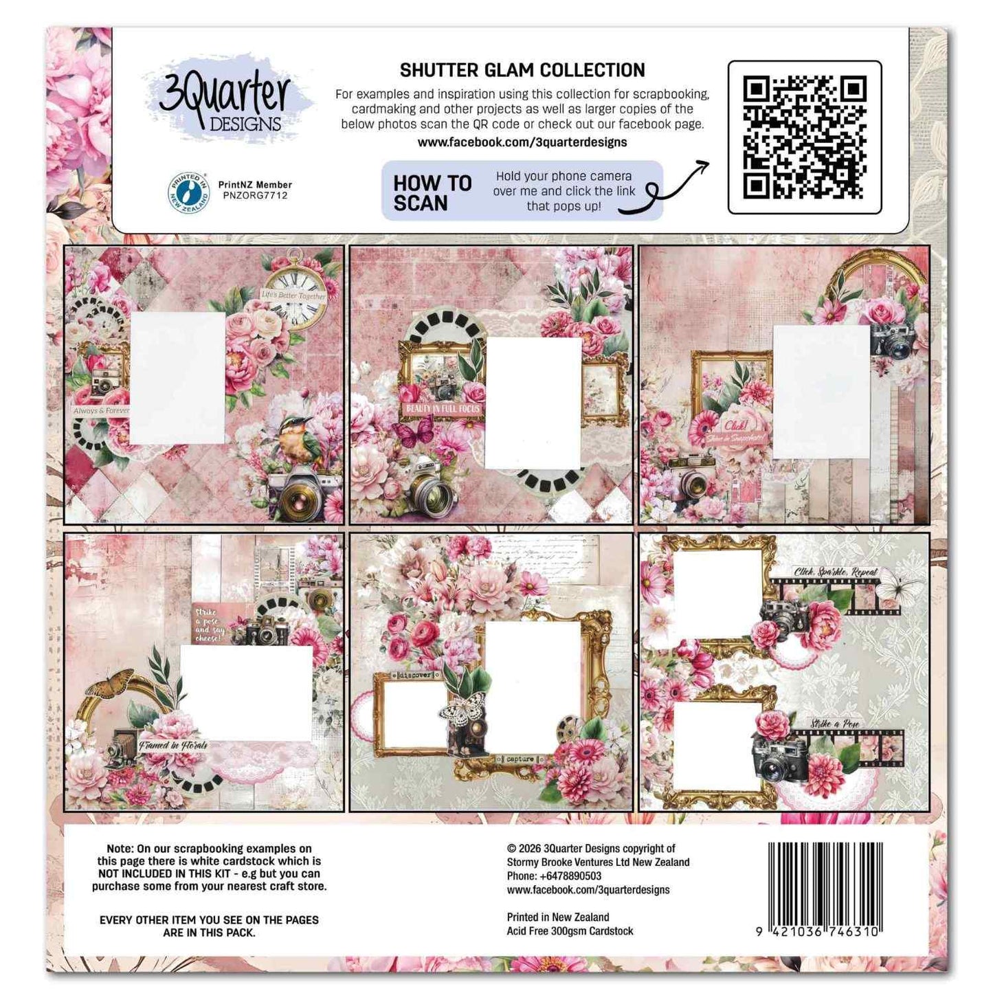 Shutter Glam kit back cover showing 6 scrapbook page examples with photo mat placeholders
