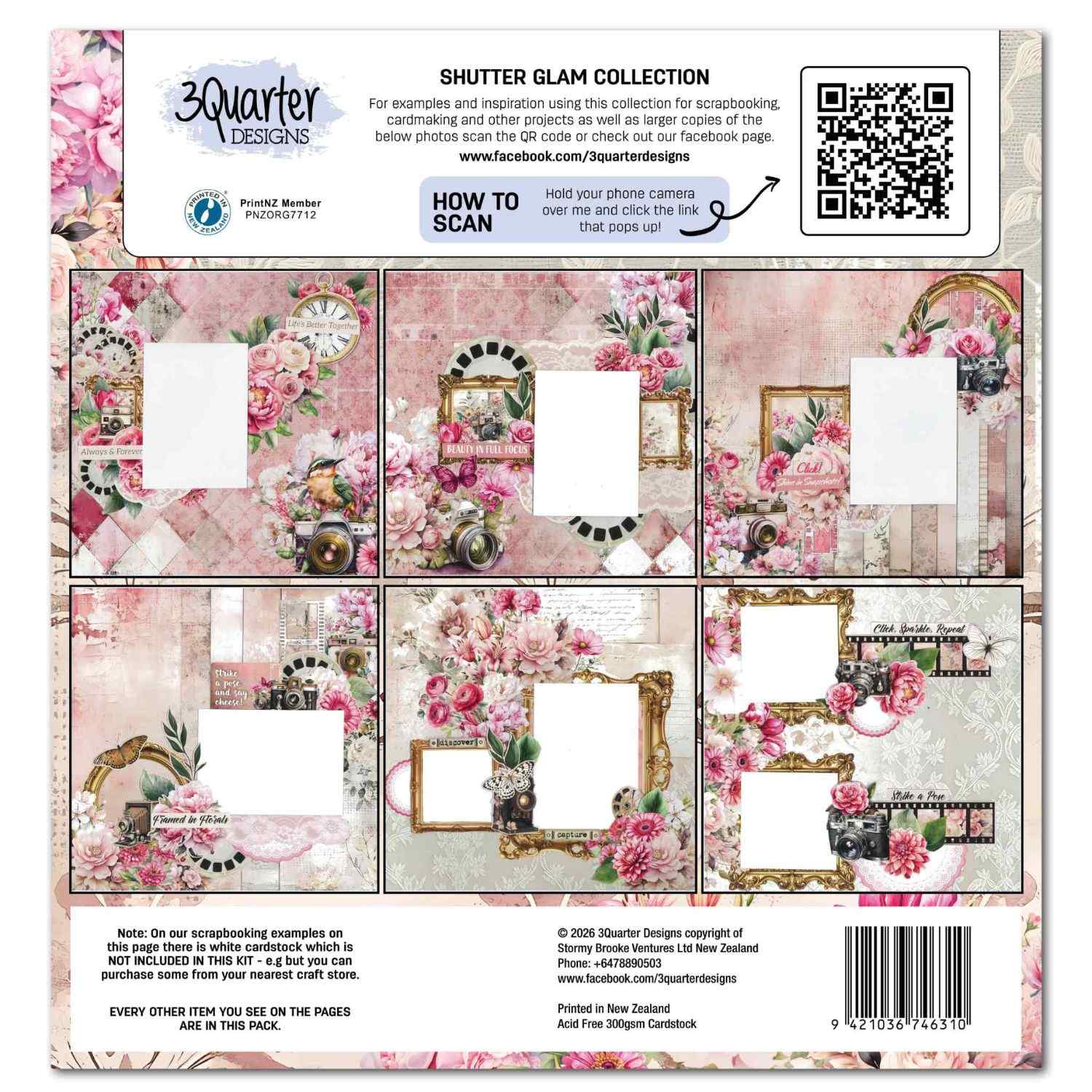 Shutter Glam kit back cover showing 6 scrapbook page examples with photo mat placeholders