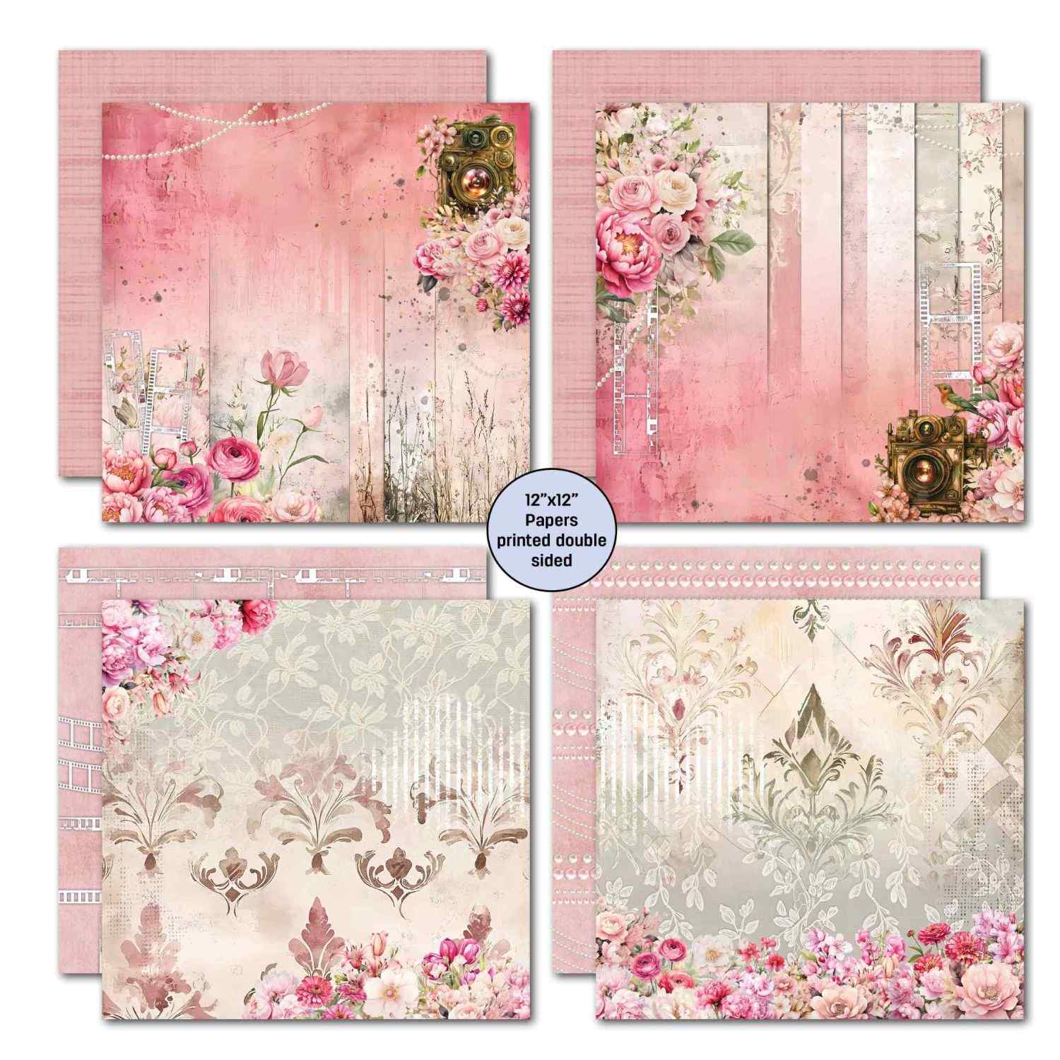 Shutter Glam 12x12 double-sided papers showing blush watercolour with camera, pink stripe with peonies, soft grey damask and pink diamond harlequin designs