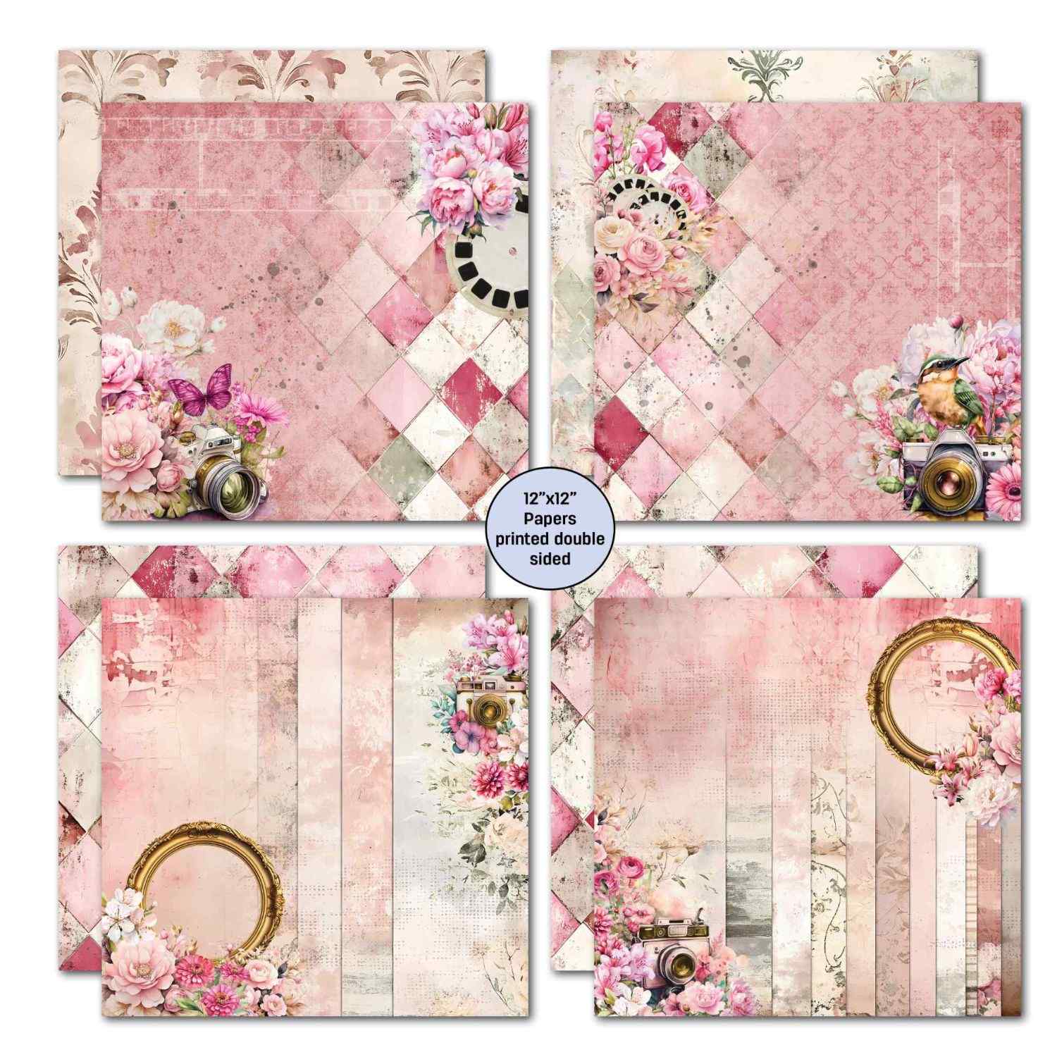 Shutter Glam 12x12 double-sided papers showing pink harlequin with hummingbird, distressed pink with gold frames and florals