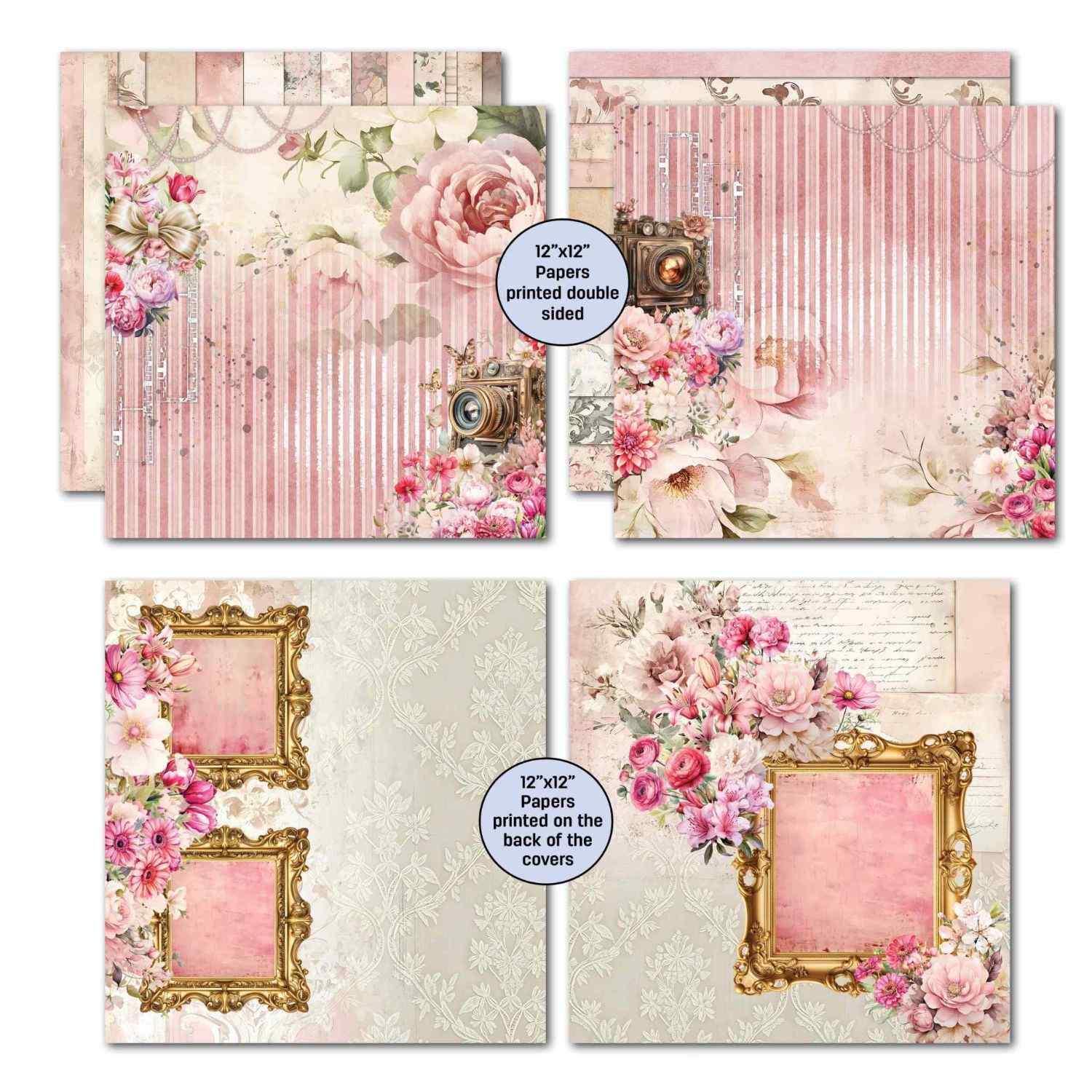  Shutter Glam 12x12 double-sided papers showing pink stripe with pearl chains, blush peony with bow, and cover back designs with gold ornate frames