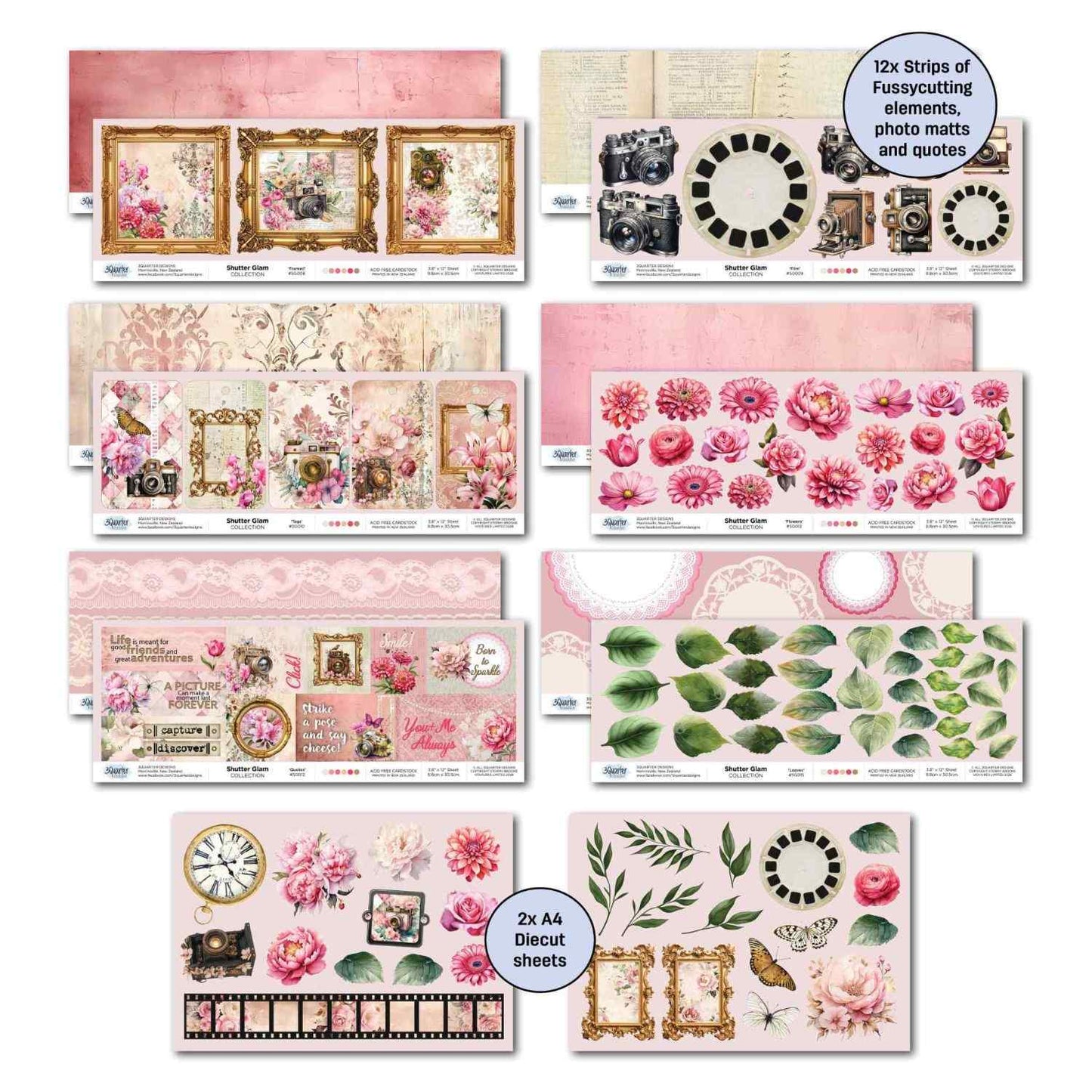 Shutter Glam offcut strips and 2 A4 die cut sheets with cameras, florals, frames, leaves and quote elements