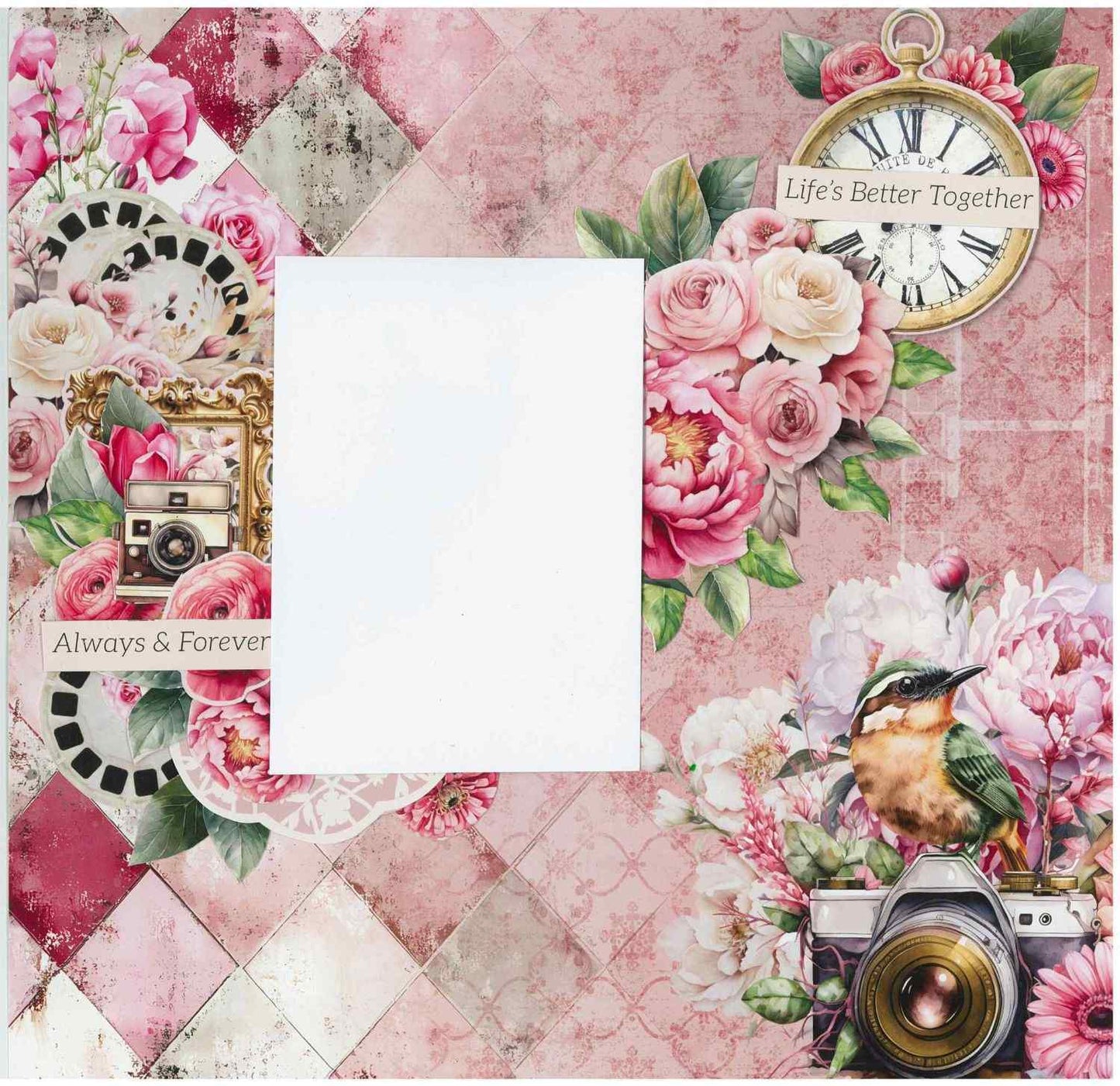 Shutter Glam scrapbook layout on pink harlequin background with vintage clock, view-finder reel, camera, bird and Life's Better Together sentiment