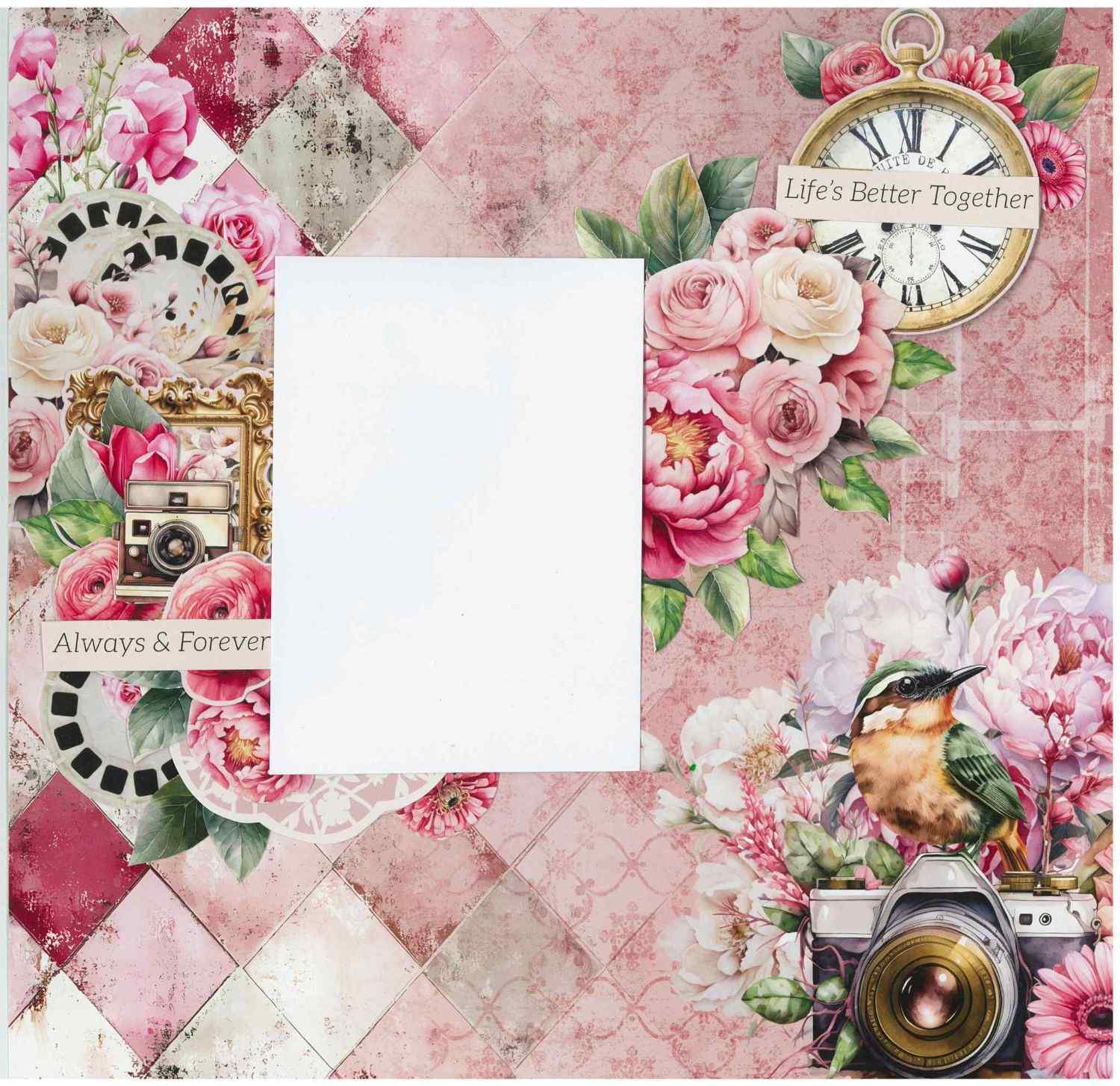 Shutter Glam scrapbook layout on pink harlequin background with vintage clock, view-finder reel, camera, bird and Life's Better Together sentiment