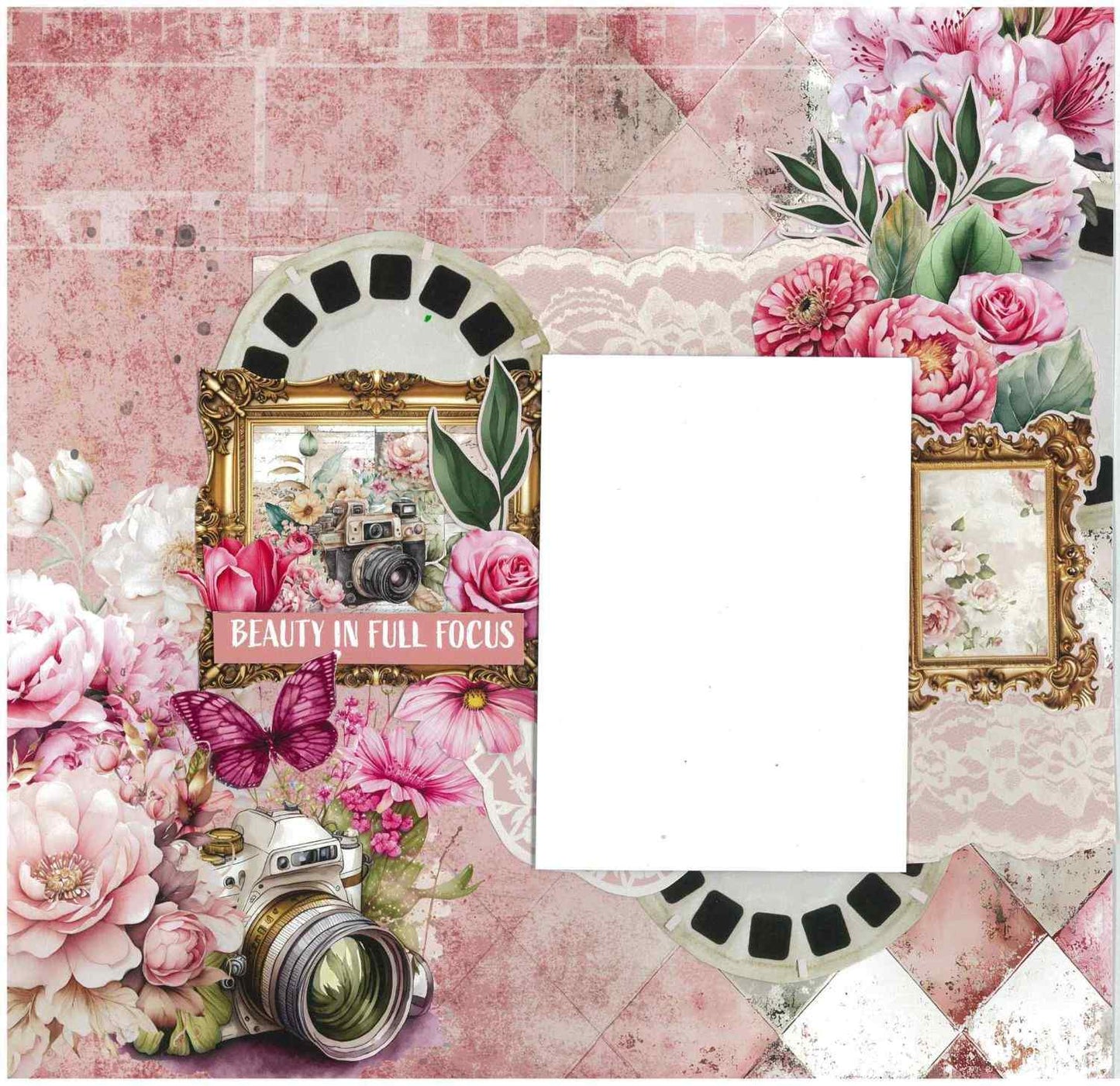 Shutter Glam scrapbook layout with gold ornate frame, view-finder reel, butterfly, camera and Beauty in Full Focus sentiment on pink harlequin background