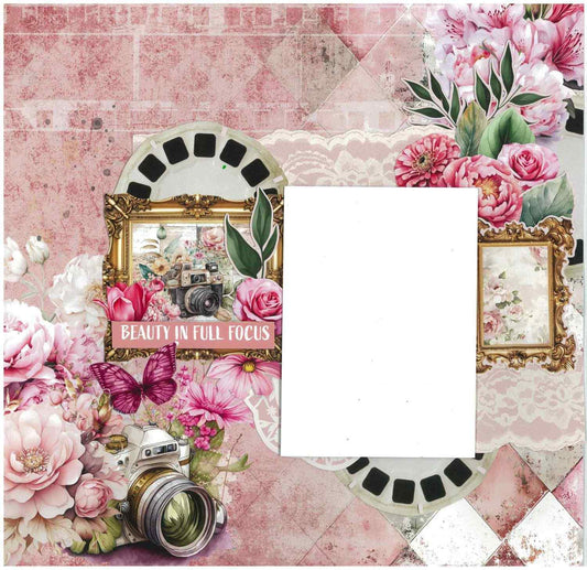 Shutter Glam scrapbook layout with gold ornate frame, view-finder reel, butterfly, camera and Beauty in Full Focus sentiment on pink harlequin background