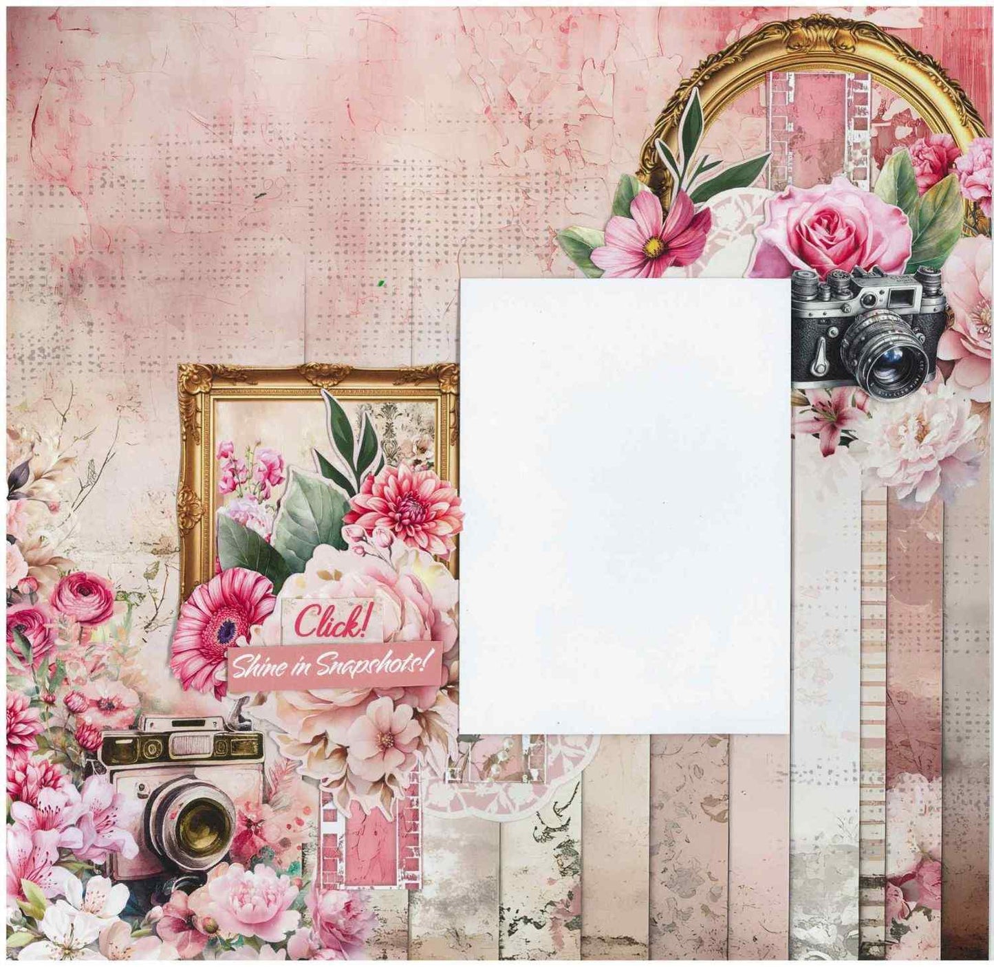 Shutter Glam scrapbook layout with gold oval frame, vintage camera, pink florals and Click! Shine in Snapshots sentiment