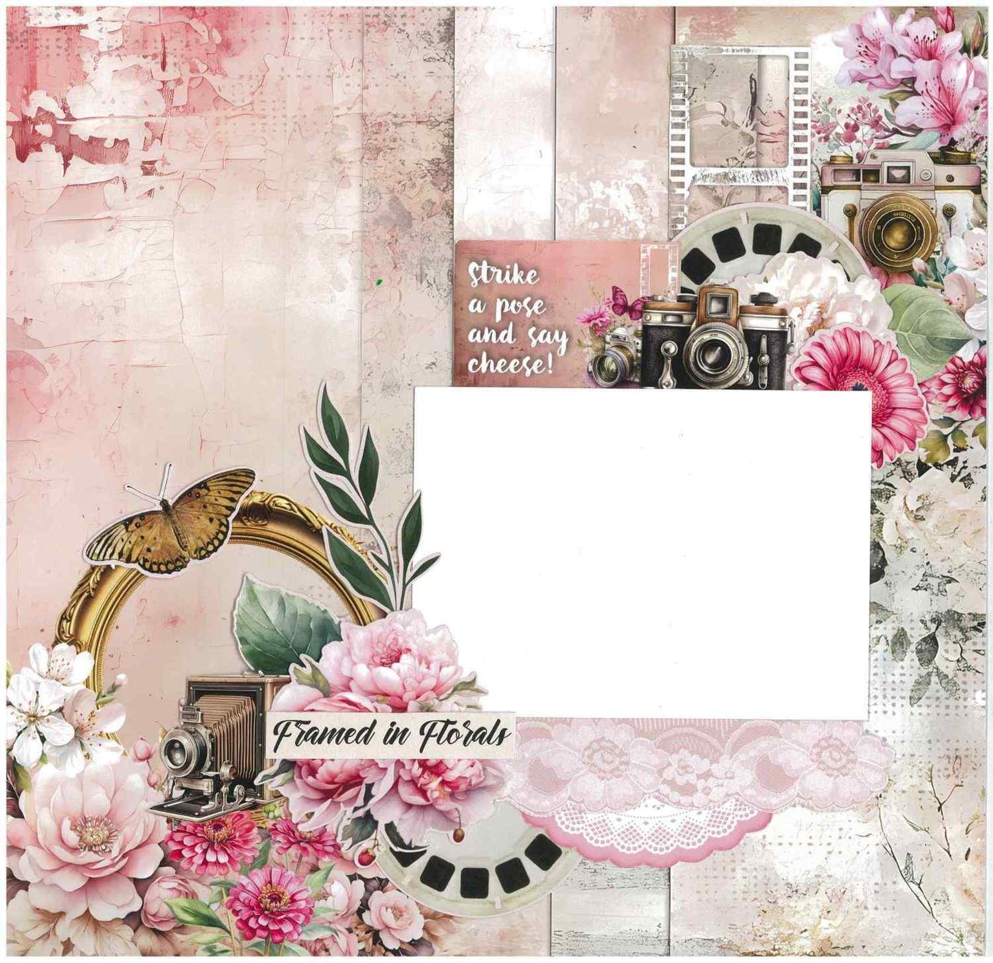 Shutter Glam scrapbook layout with gold oval frame, butterfly, vintage bellows camera, film strip and Framed in Florals sentiment