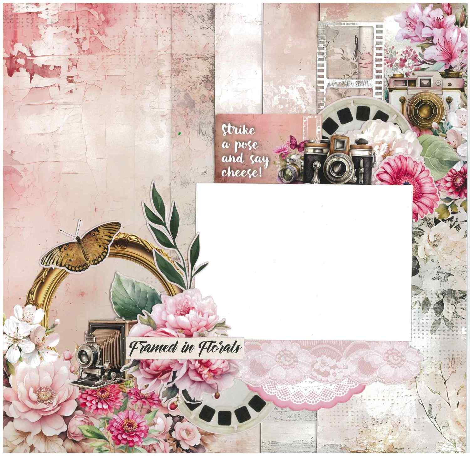 Shutter Glam scrapbook layout with gold oval frame, butterfly, vintage bellows camera, film strip and Framed in Florals sentiment