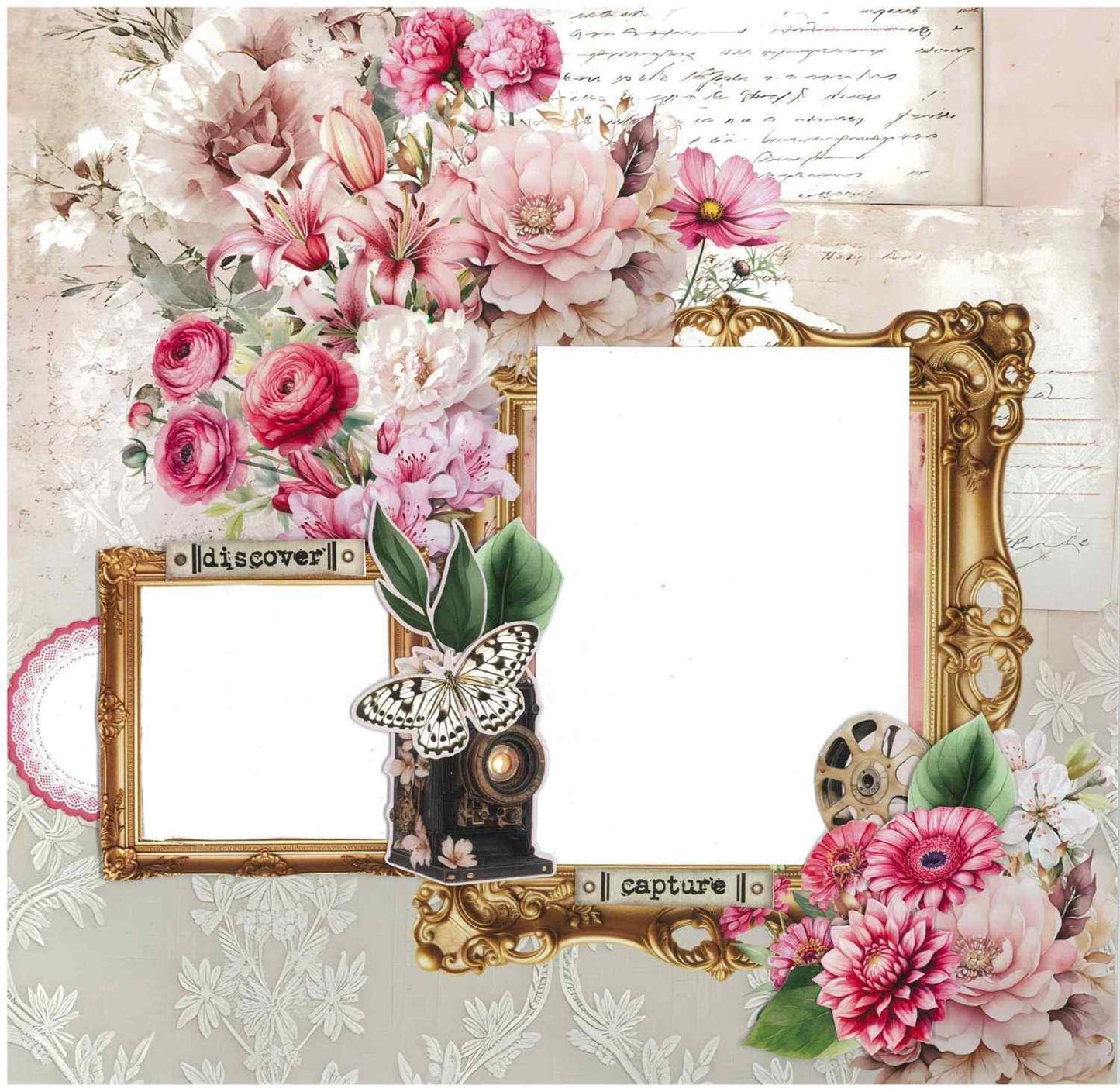 Shutter Glam double page layout with two gold ornate frames, butterfly, vintage camera, pink florals and Discover and Capture sentiments