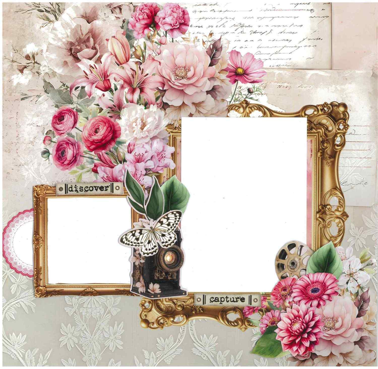 Shutter Glam double page layout with two gold ornate frames, butterfly, vintage camera, pink florals and Discover and Capture sentiments