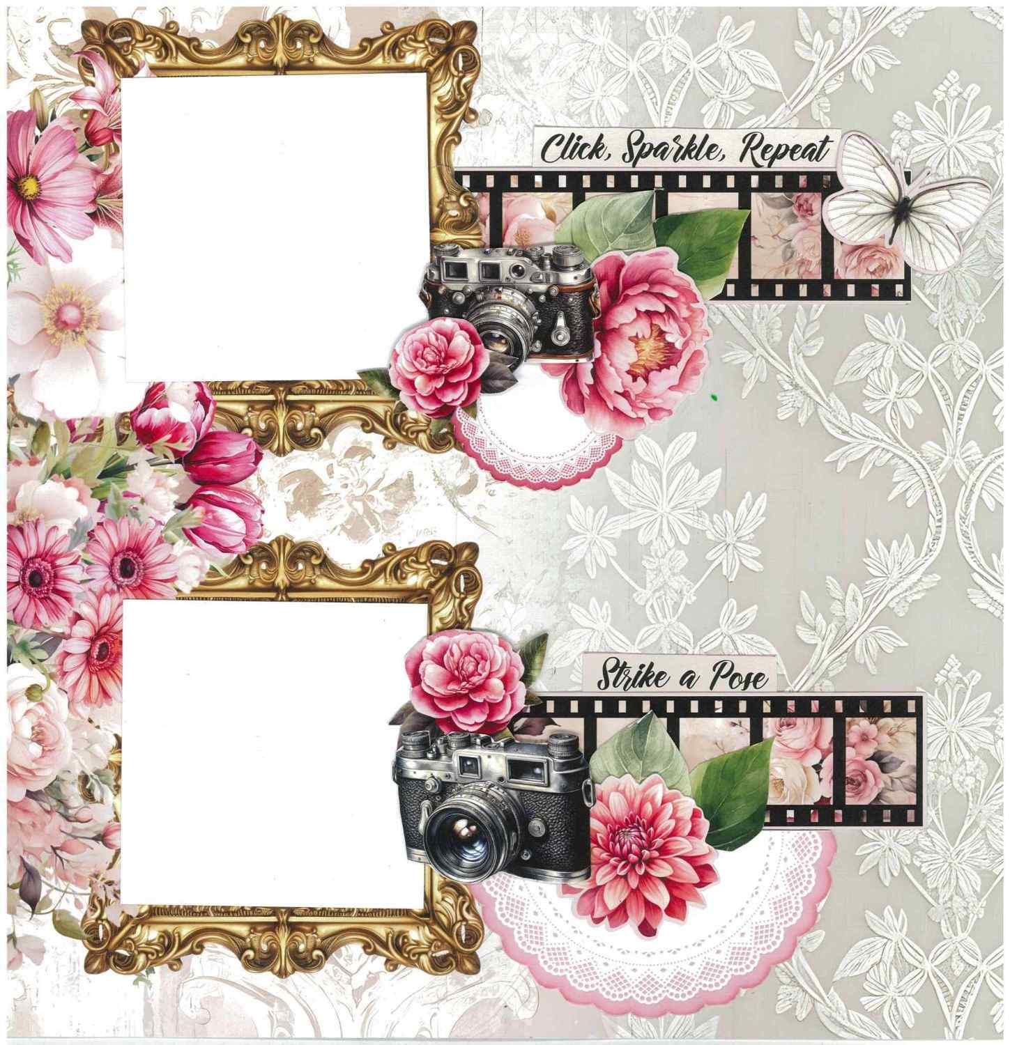  Shutter Glam double page layout on grey damask with two gold frames, film strips, cameras, pink peonies and Click Sparkle Repeat and Strike a Pose sentiments