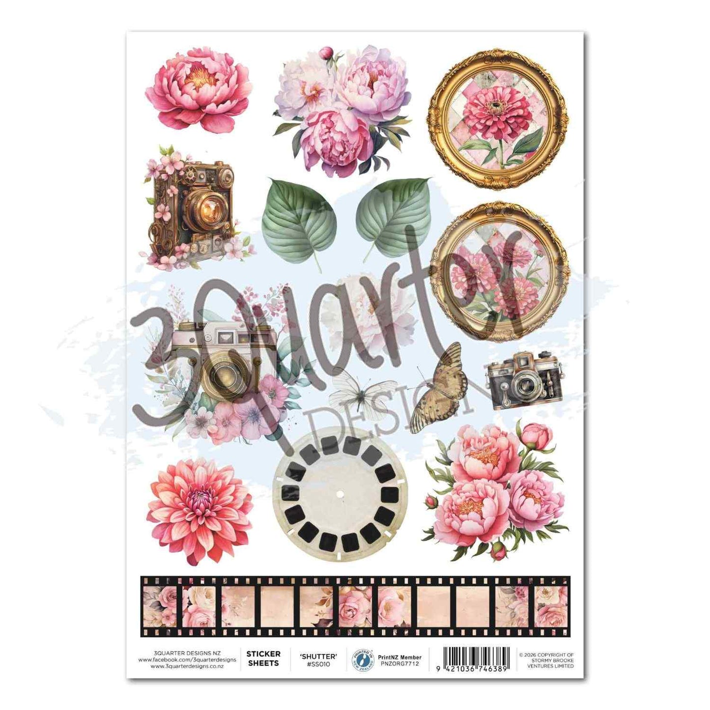 Shutter Glam A4 sticker sheet with peonies, vintage cameras, gold oval frames, butterfly, dahlia, view-finder reel and film strip border