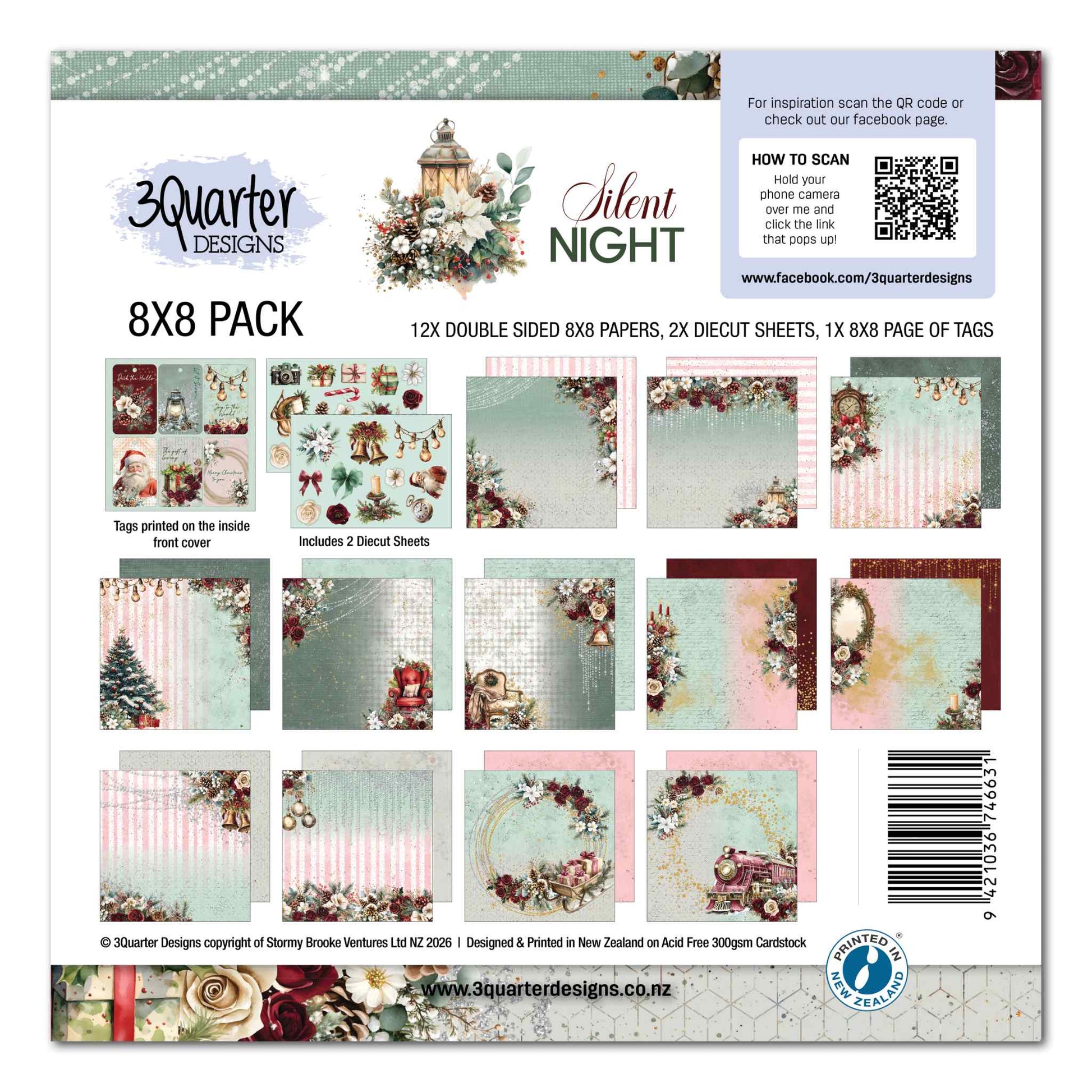 3Quarter Designs Silent Night 8x8 Paper Pack cover showing all 12 double-sided papers, 2 diecut sheets and tag page in mint, pink, burgundy and cream Christmas palette