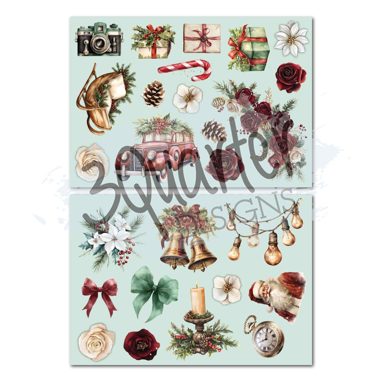 Silent Night 8x8 Paper Pack two diecut sheets featuring vintage camera, wrapped gifts, candy cane, roses, vintage car, bells, Edison bulbs, Santa, candle, bows, pine cones and poinsettia on mint background