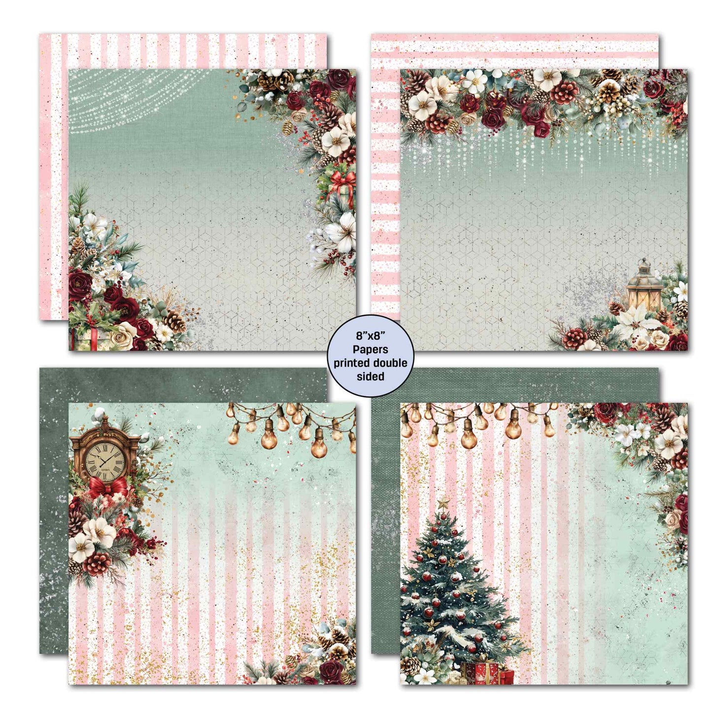 Silent Night 8x8 Paper Pack double-sided papers showing mint and pink stripe backgrounds with floral corner clusters of burgundy roses, white magnolias, pine cones and pearl icicle draping