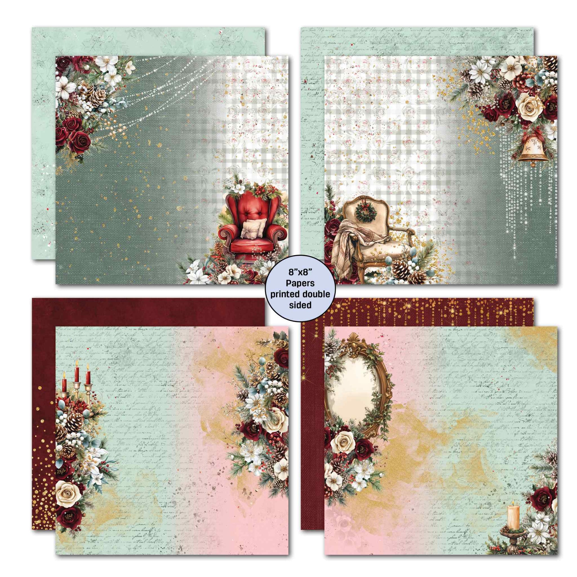 Silent Night 8x8 Paper Pack double-sided papers showing mint backgrounds with red armchair, cream armchair with wreath, candelabra with red candles, ornate gold mirror frame, and burgundy and deep red reverse papers