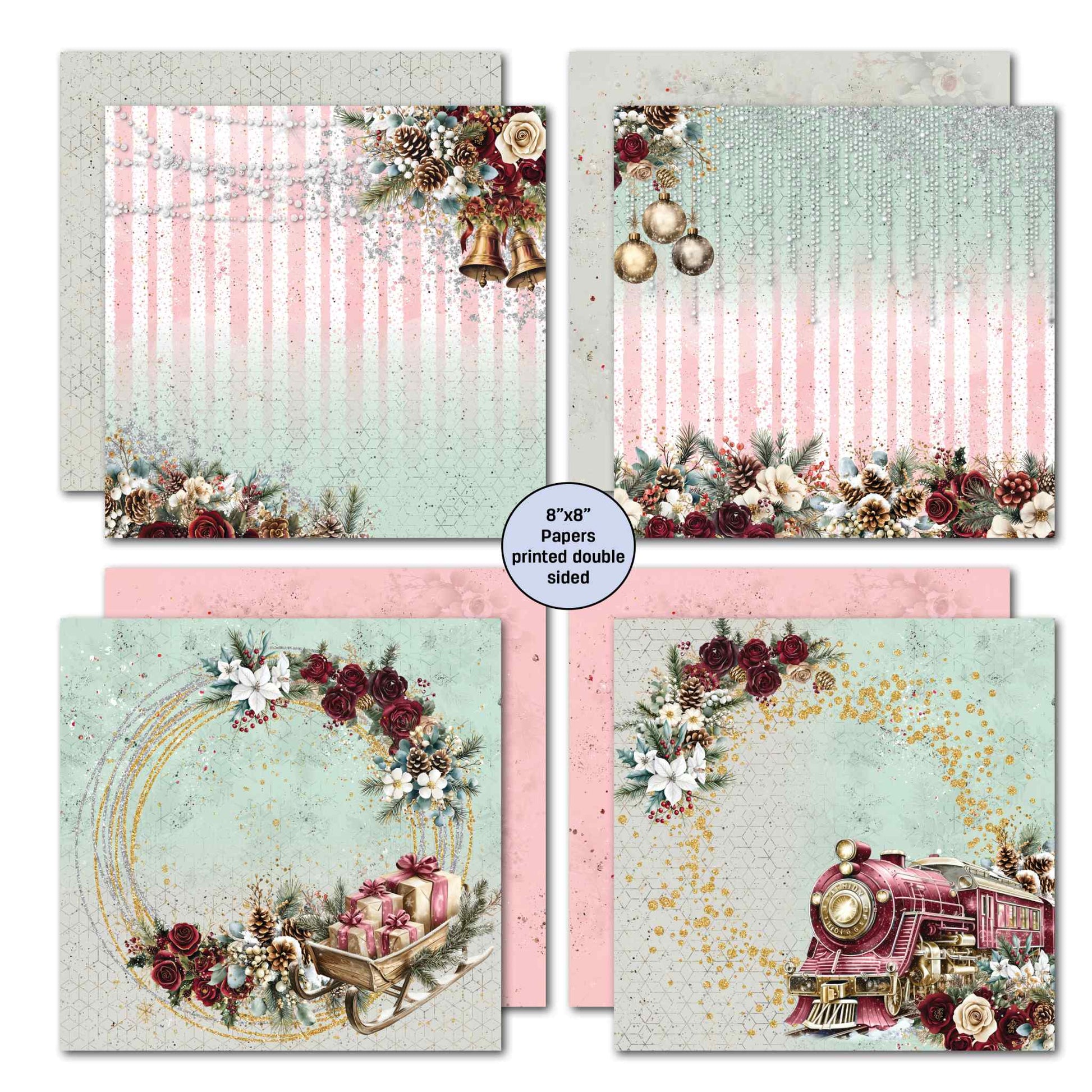 Silent Night 8x8 Paper Pack double-sided papers showing pink stripe backgrounds with gold bells and pearl draping, gold baubles and pearl icicles, floral wreath with sleigh and gifts, and vintage pink steam train with gold sparkle