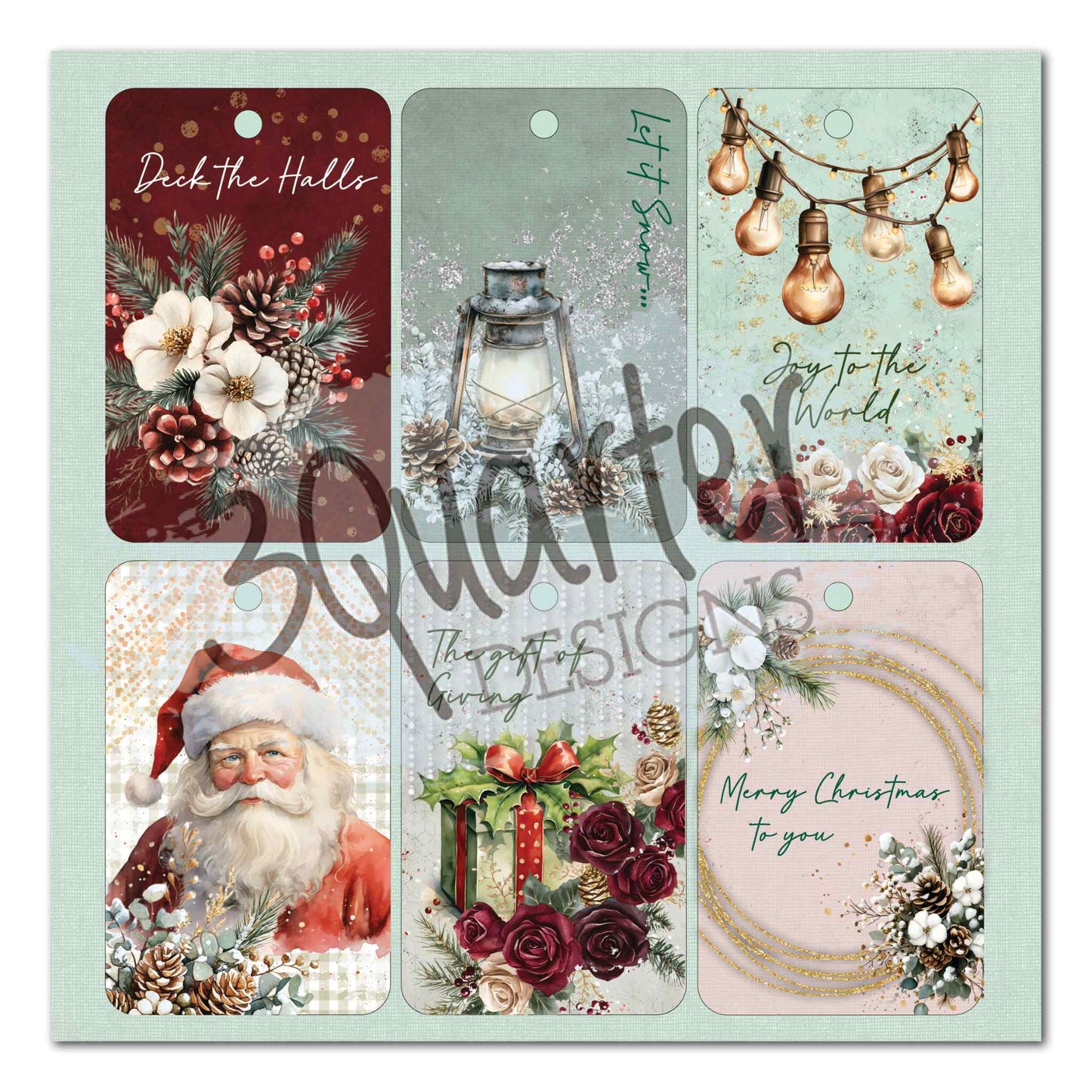 Silent Night 8x8 Paper Pack tag page showing assorted Christmas gift tags with Santa, lantern, bells and floral motifs in mint, pink and burgundy