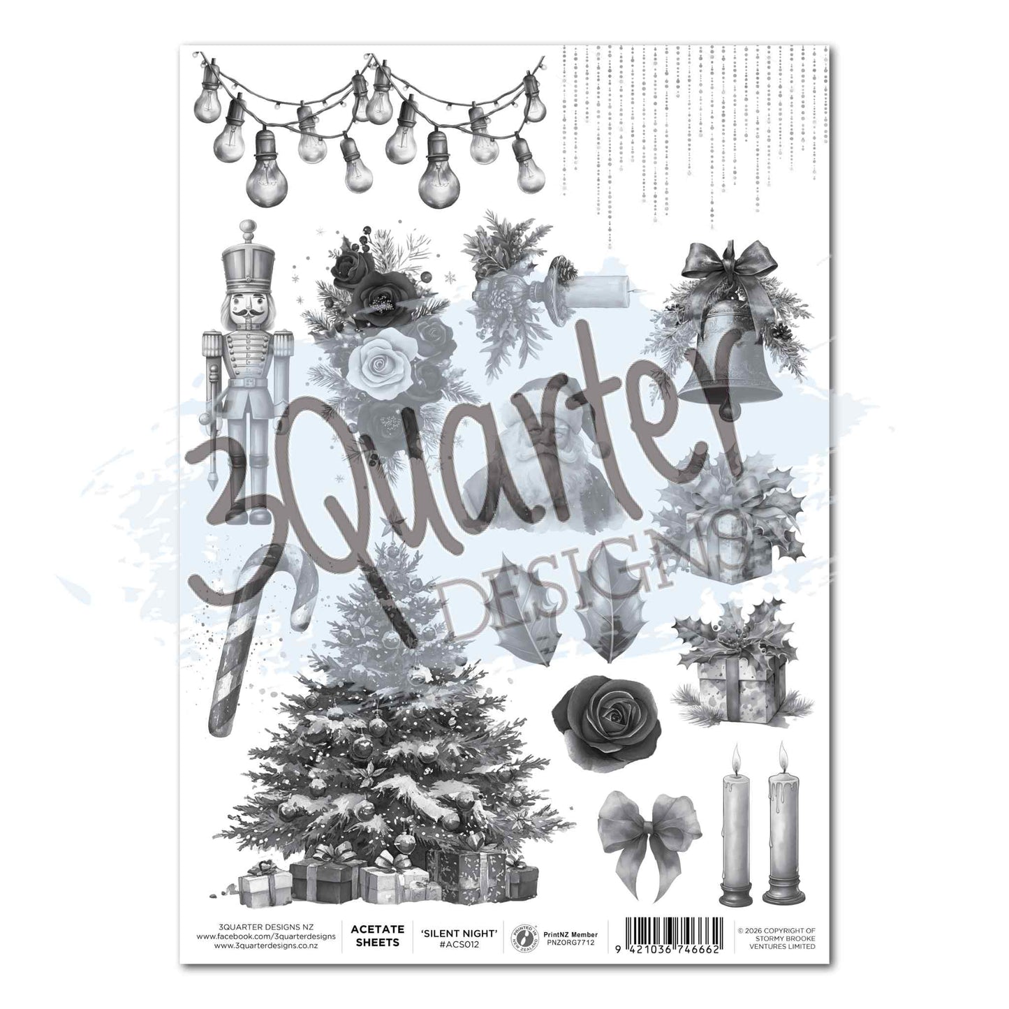 3Quarter Designs Silent Night A4 acetate sheet with greyscale cut-apart motifs including nutcracker, Christmas tree, Edison bulb string lights, bells, roses, holly, candles, bow and wrapped gifts on clear acetate 