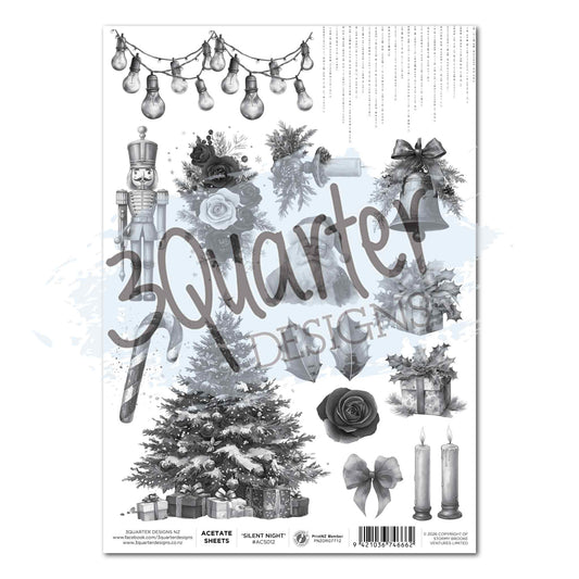 3Quarter Designs Silent Night A4 acetate sheet with greyscale cut-apart motifs including nutcracker, Christmas tree, Edison bulb string lights, bells, roses, holly, candles, bow and wrapped gifts on clear acetate 