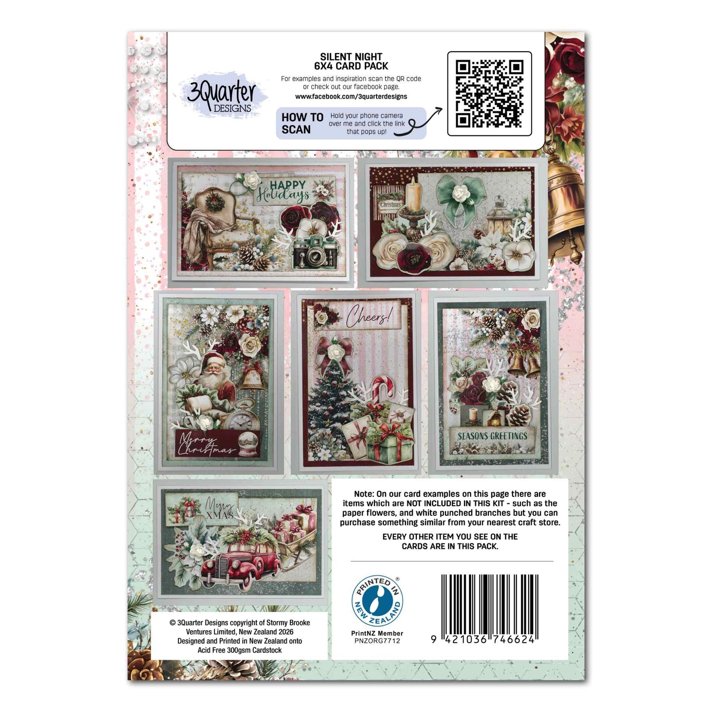 Silent Night 6x4 Card Making Kit back cover showing six sample Christmas cards. 