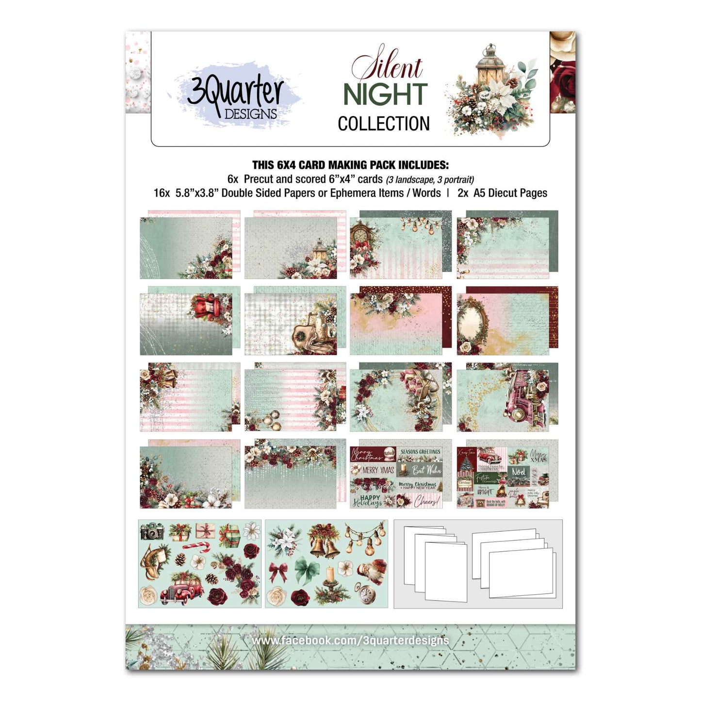 3Quarter Designs Silent Night 6x4 Card Making Kit cover showing six sample cards in mint, pink and burgundy Christmas palette with roses, candles, vintage car and Christmas tree designs