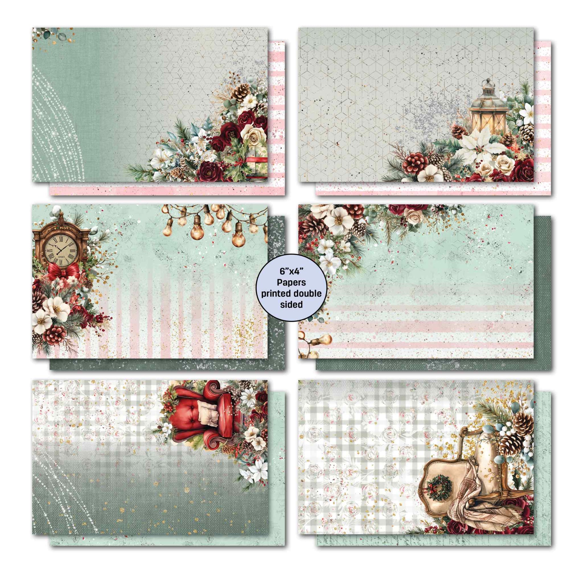 Silent Night 6x4 Card Making Kit double-sided papers showing pink and mint watercolour backgrounds with burgundy rose and white magnolia floral clusters, gold sparkle and pearl icicle details