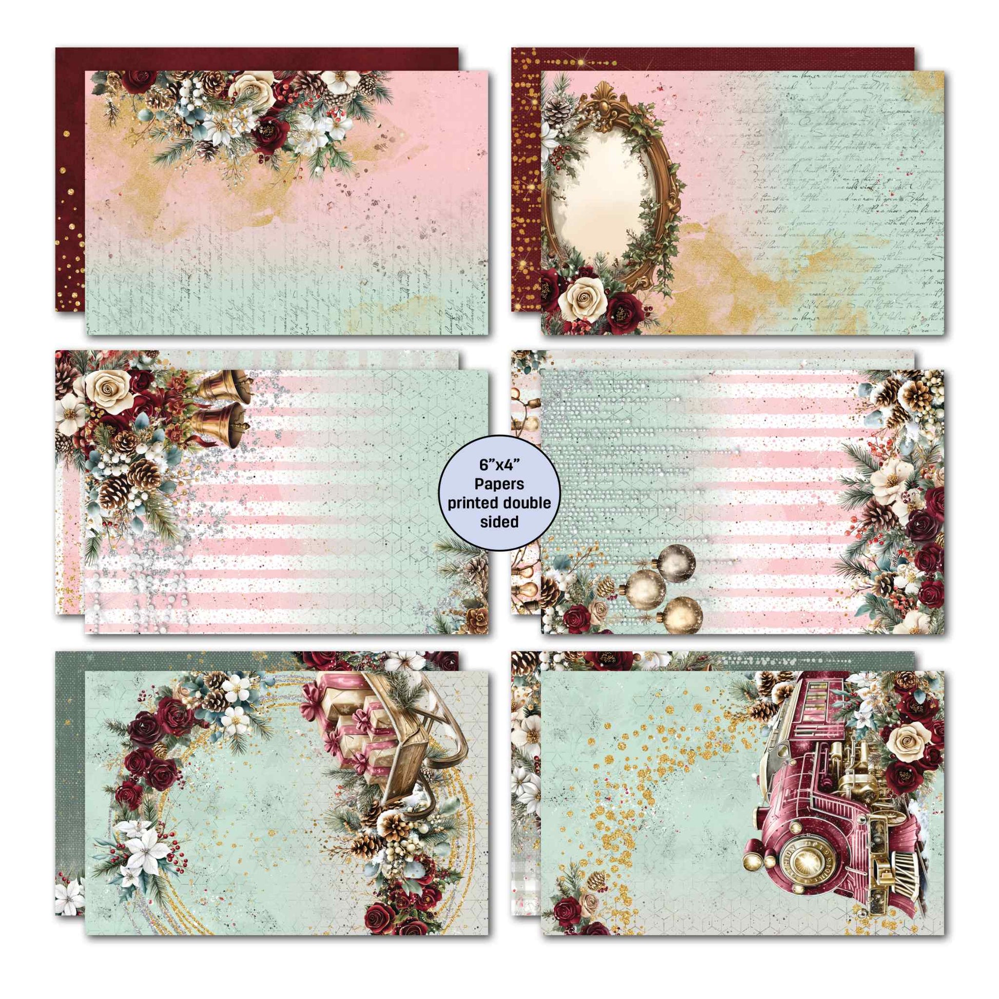 Silent Night 6x4 Card Making Kit double-sided papers showing mint stripe backgrounds with gold bells and pine cone clusters, pearl baubles, floral wreath with sleigh, and vintage pink steam train