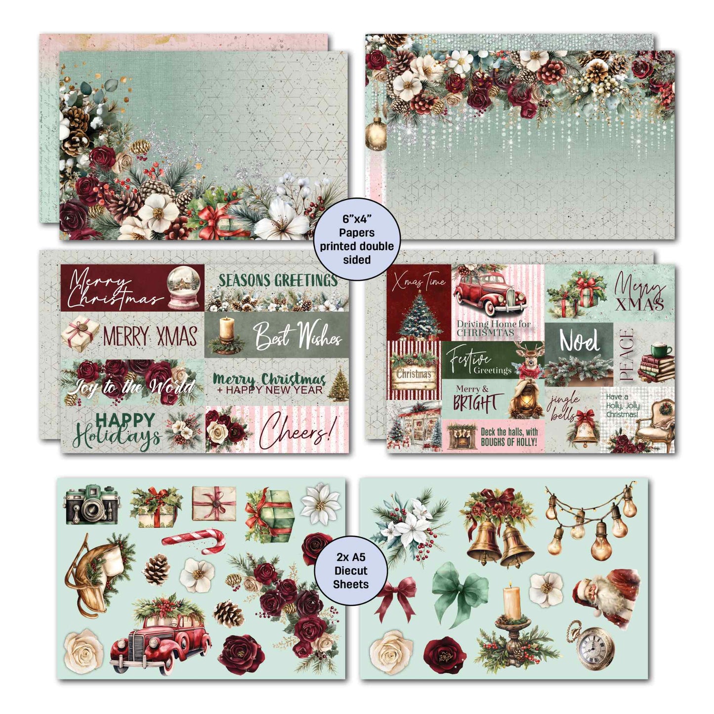 Silent Night 6x4 Card Making Kit two A5 die-cut sheets featuring vintage camera, wrapped gifts, candy cane, roses, vintage car, Christmas bells, Edison bulbs, Santa, candle, bows, pine cones and poinsettia