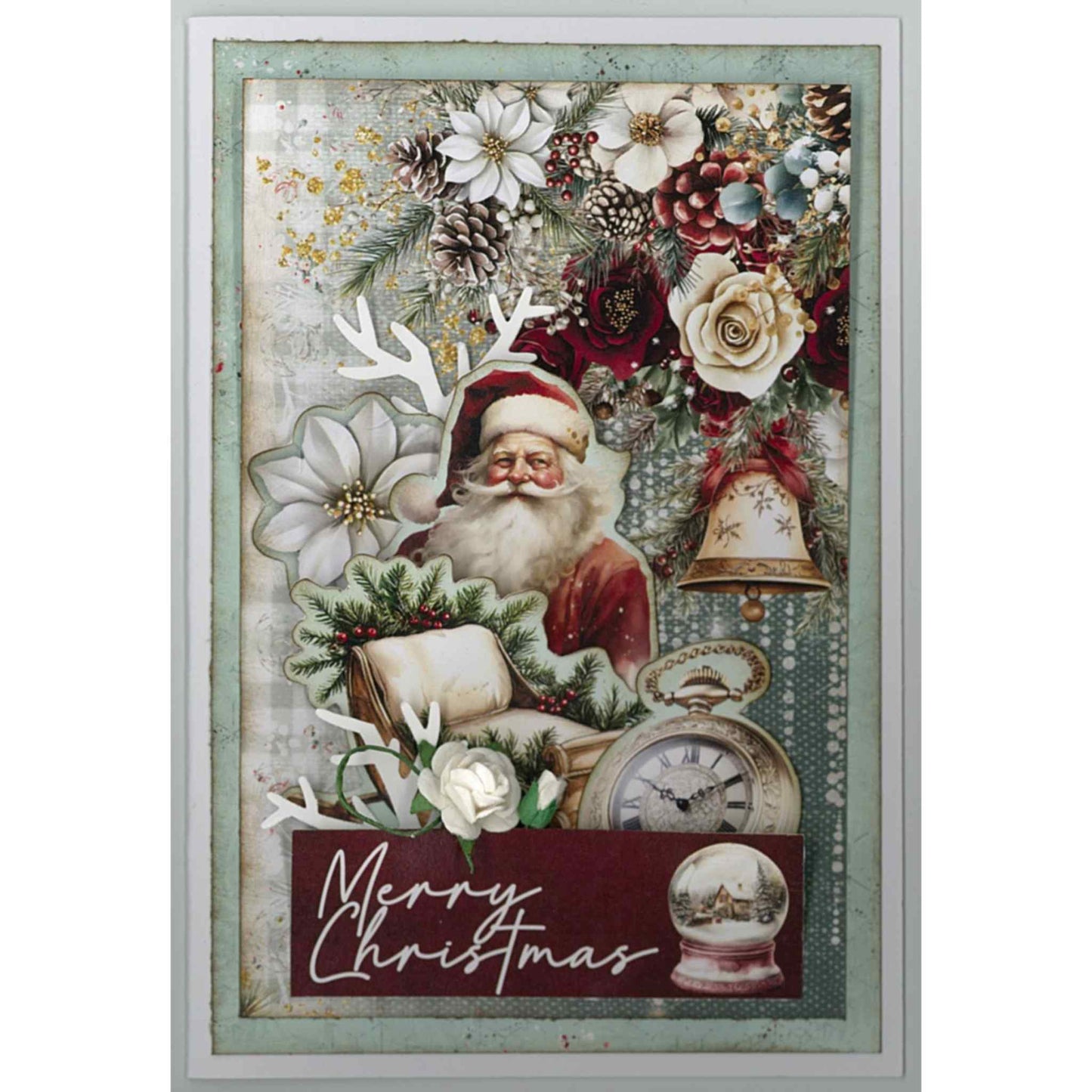 Handmade Silent Night Christmas card featuring vintage Santa with sleigh, white poinsettia, gold bell, snow globe, pine cones, burgundy roses and Merry Christmas sentiment on mint lace background