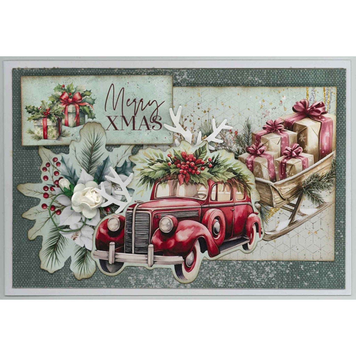 Handmade Silent Night Christmas card featuring vintage red car pulling a sleigh piled with pink and gold gifts, holly, white paper flower, berry branches and Merry Xmas sentiment on teal background 