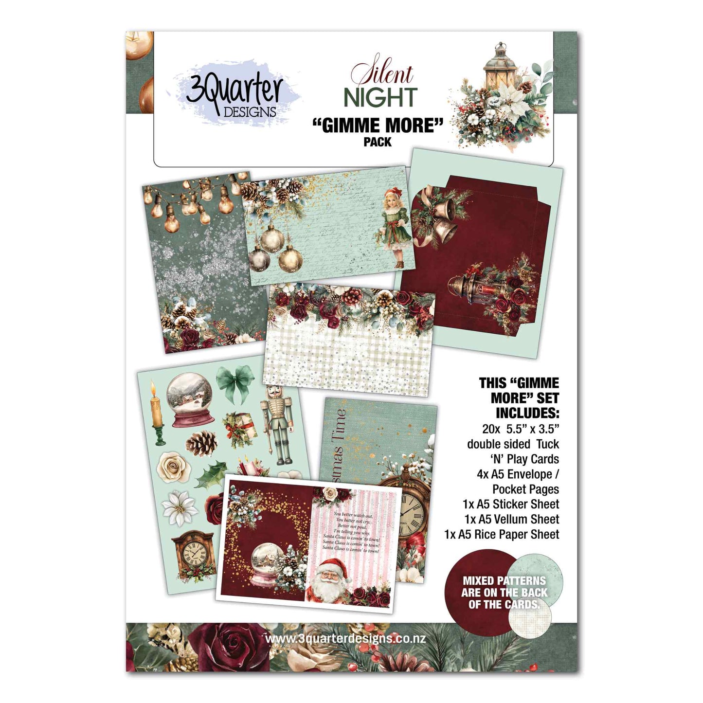 3Quarter Designs Silent Night Gimme More Pack cover showing pack contents including Tuck N Play cards, A5 envelope pocket pages, sticker sheet, vellum and rice paper in mint, burgundy and cream