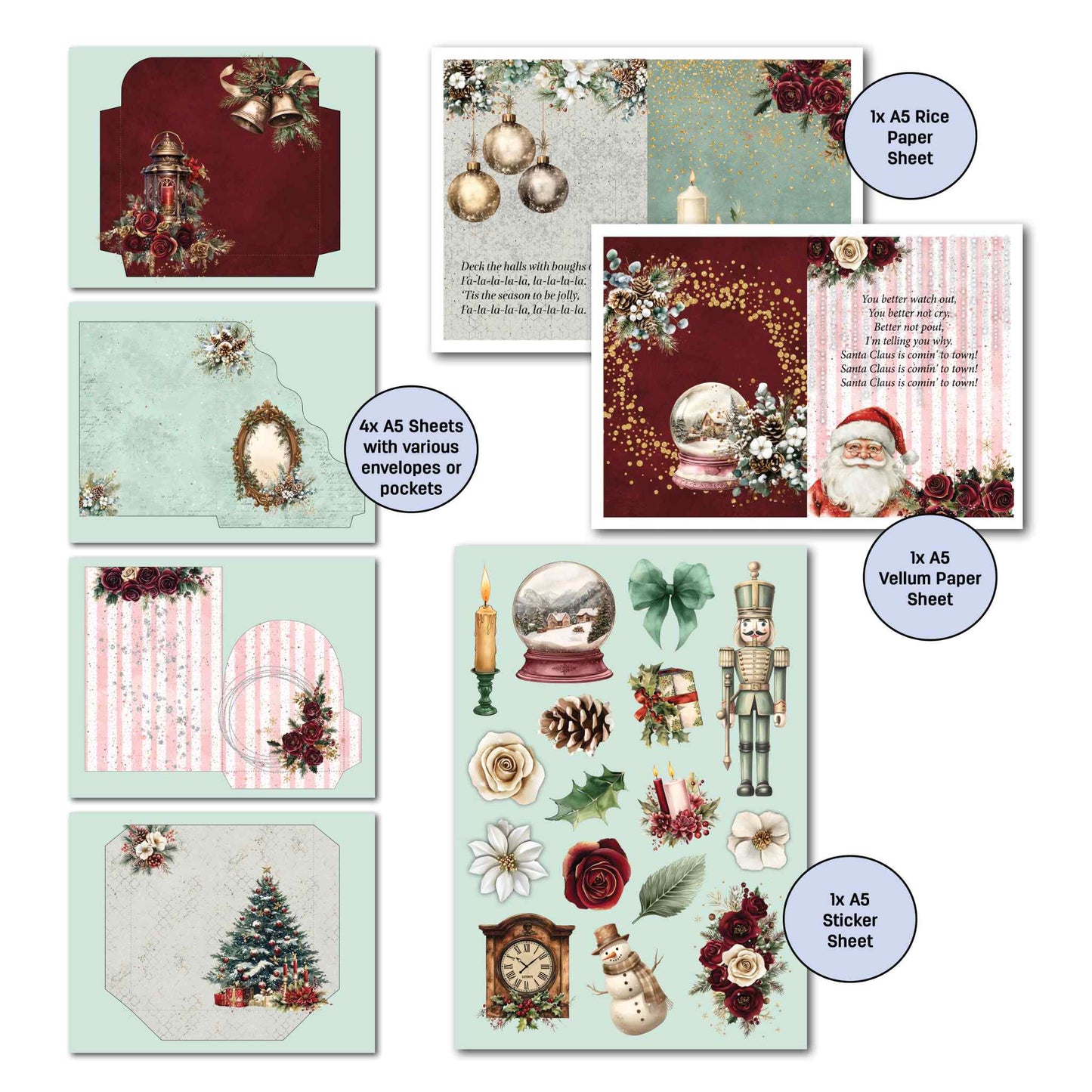 Silent Night Gimme More Pack contents showing A5 envelope pocket pages, sticker sheet with nutcracker and snow globe motifs, vellum sheet, and rice paper sheet in mint and burgundy