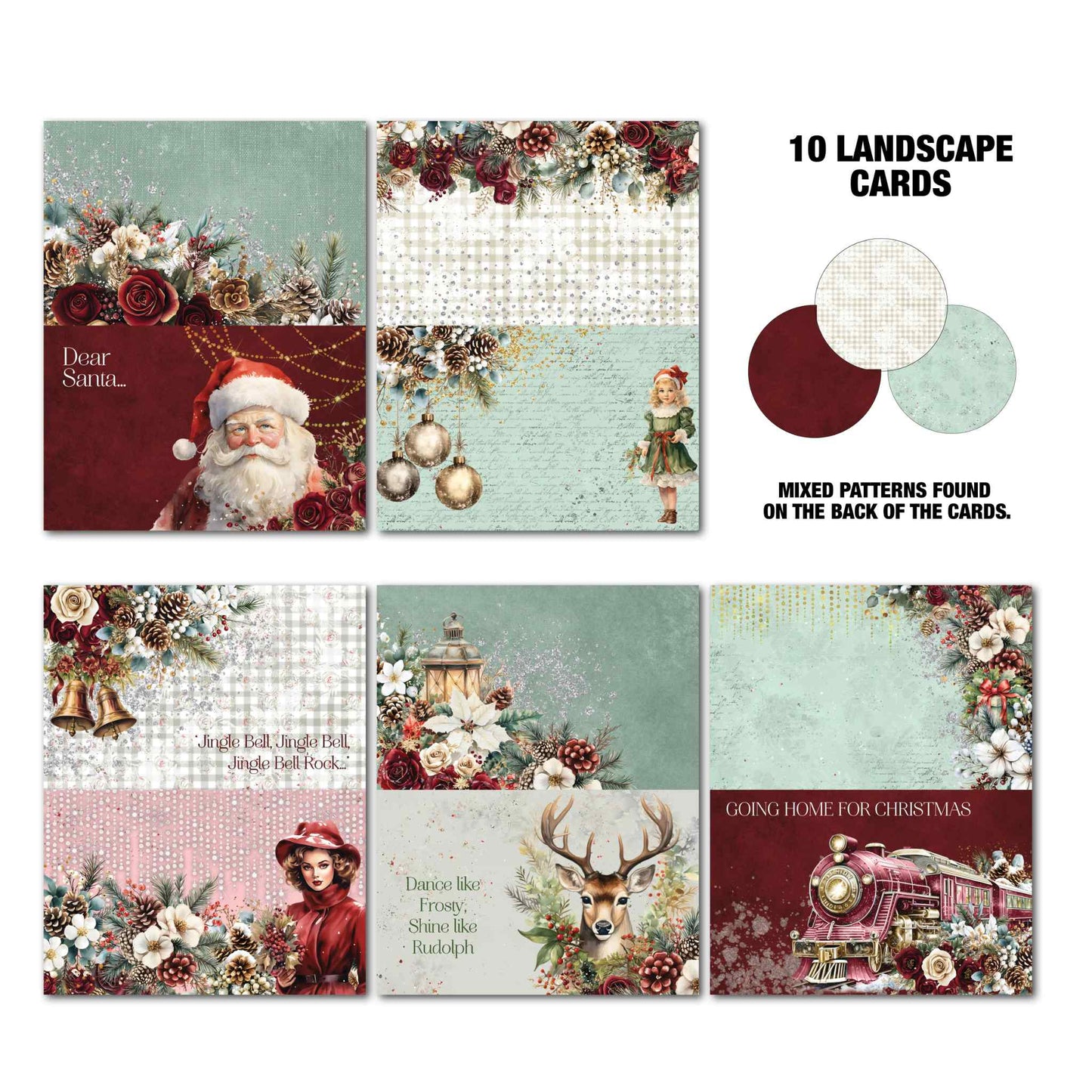 Silent Night Gimme More Pack 10 landscape Tuck N Play cards featuring Santa, reindeer, Christmas train, lantern, bells, pine cones and florals in mint, burgundy and cream