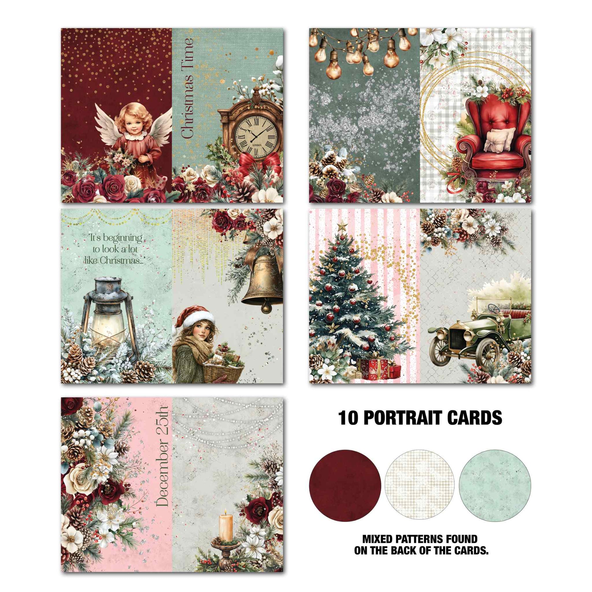 Silent Night Gimme More Pack 10 portrait Tuck N Play cards featuring angel, grandfather clock, vintage car, Christmas tree, lantern and December 25th designs in mint and burgundy