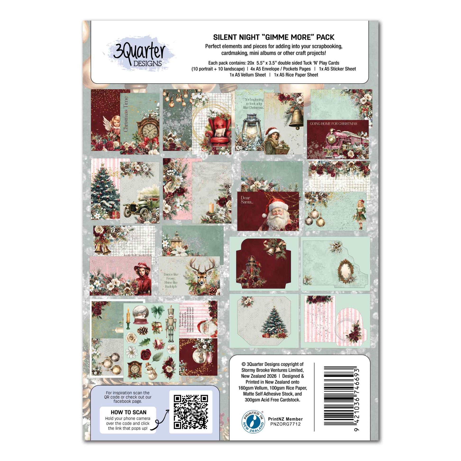 Silent Night Gimme More Pack back cover showing all 20 card designs plus pocket pages, sticker sheet, vellum and rice paper contents laid out flat 