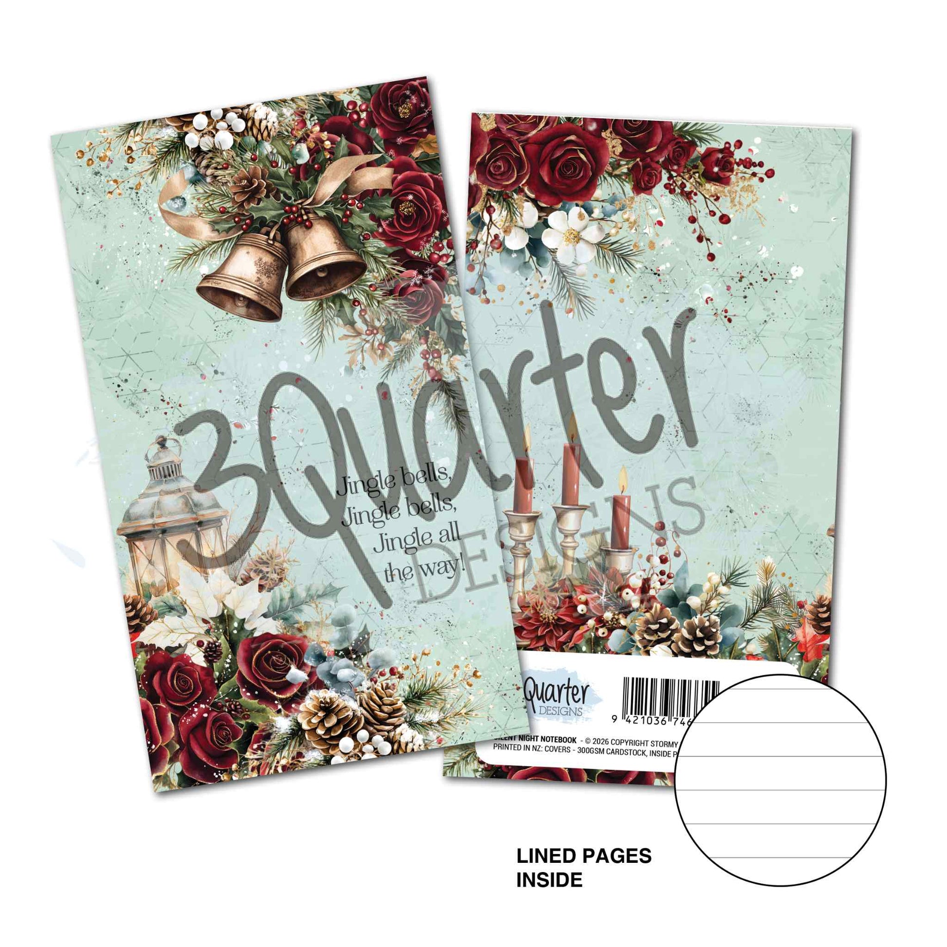3Quarter Designs Silent Night Mini Notebook front and back covers featuring Christmas bells, burgundy roses, lantern, candles and pine cones on a mint background with lined pages inside 