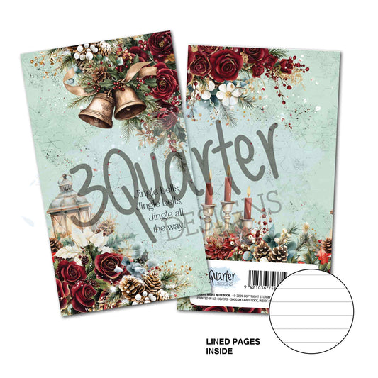 3Quarter Designs Silent Night Mini Notebook front and back covers featuring Christmas bells, burgundy roses, lantern, candles and pine cones on a mint background with lined pages inside 