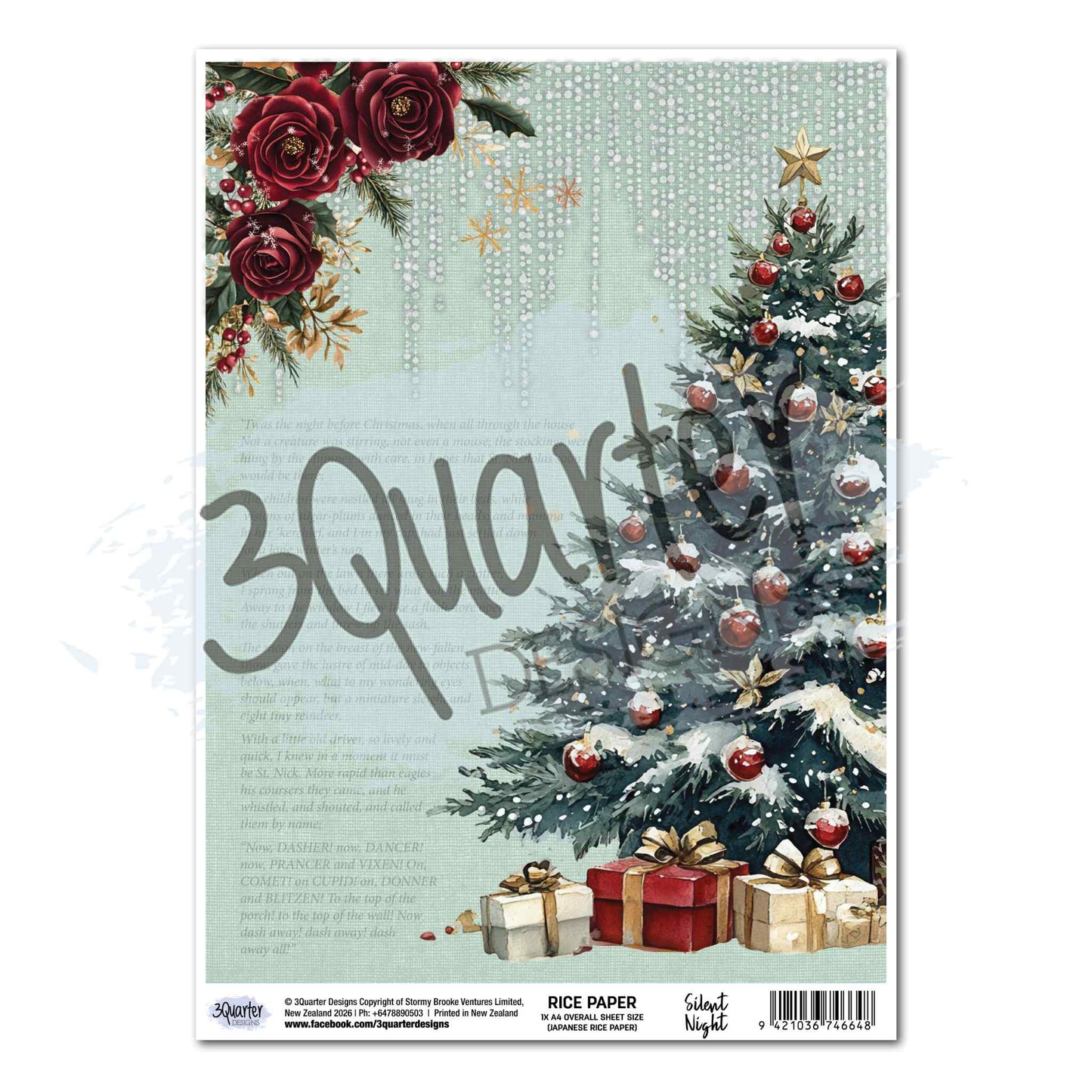 3Quarter Designs Silent Night A4 rice paper featuring a snow-dusted Christmas tree with red baubles and gold star, burgundy roses, pearl icicle draping, wrapped gifts, and vintage text background