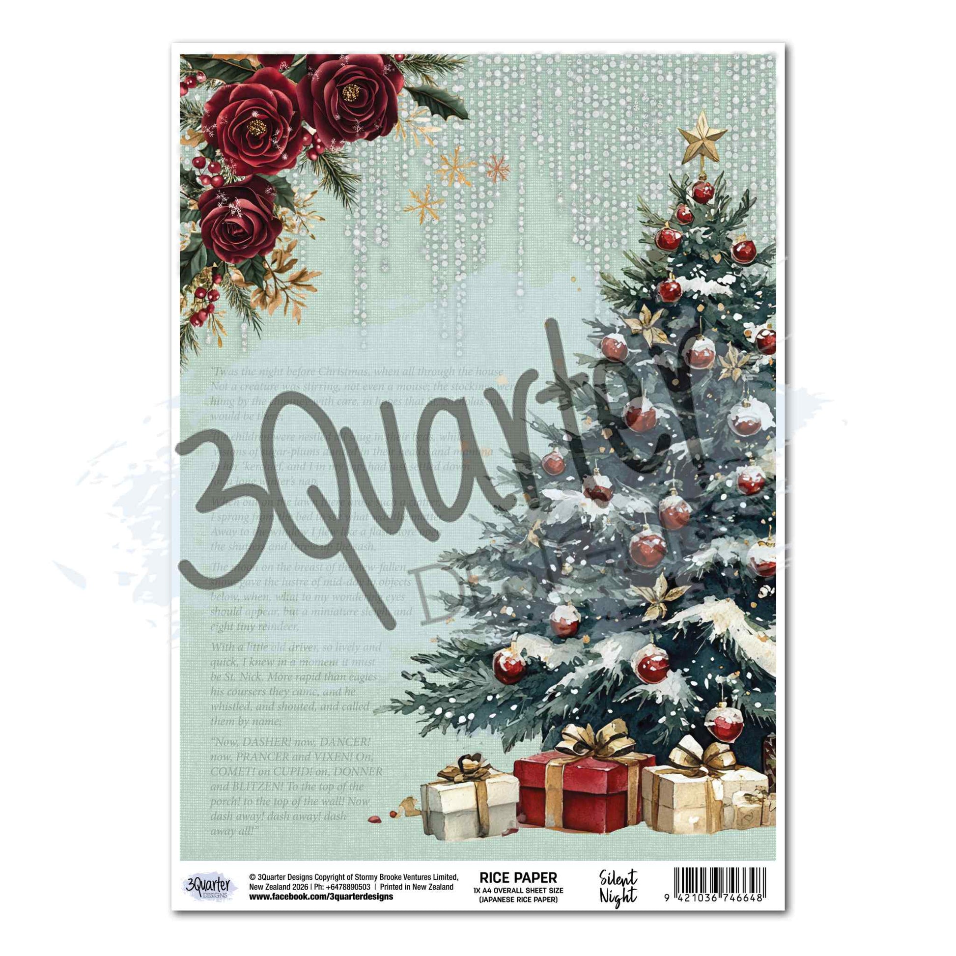 3Quarter Designs Silent Night A4 rice paper featuring a snow-dusted Christmas tree with red baubles and gold star, burgundy roses, pearl icicle draping, wrapped gifts, and vintage text background