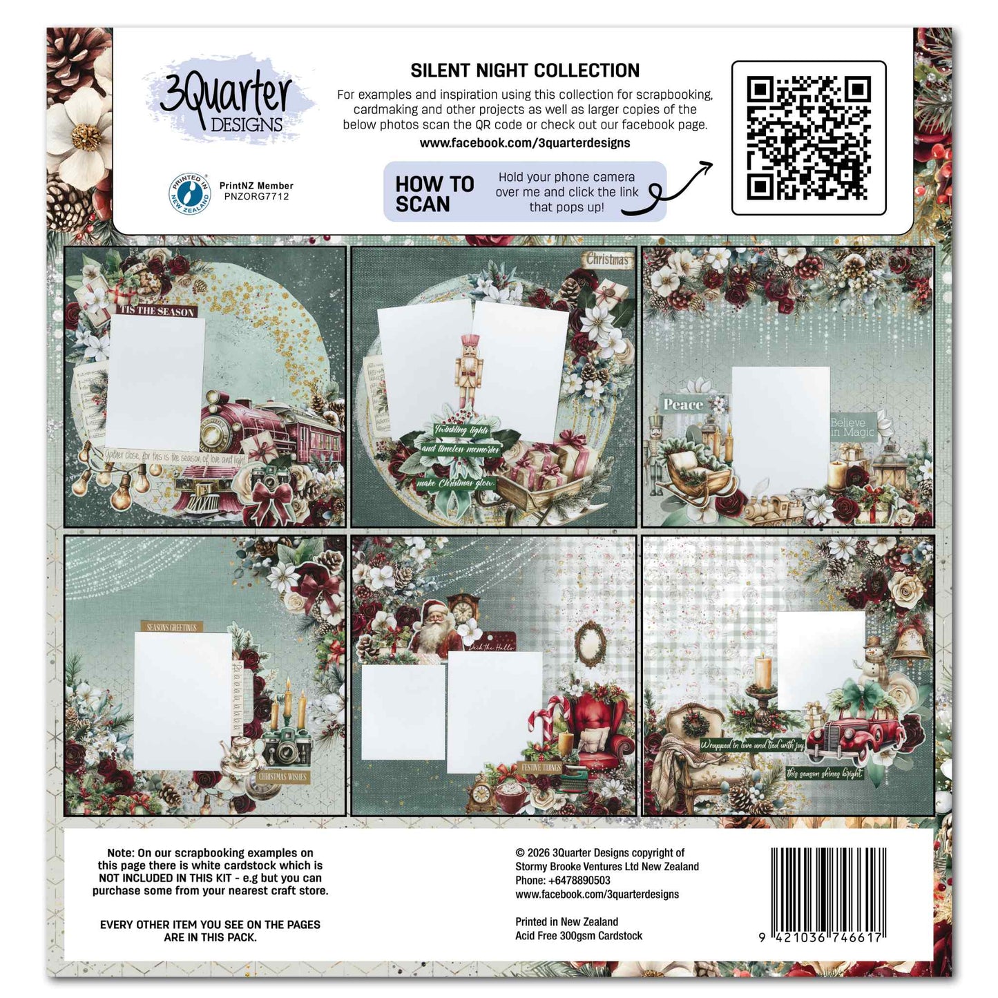 3Quarter Designs Silent Night 12x12 Scrapbook Collection Kit cover showing sample layouts in deep teal, burgundy, cream and gold Christmas palette with roses, pine cones, vintage train and Edison bulb string lights