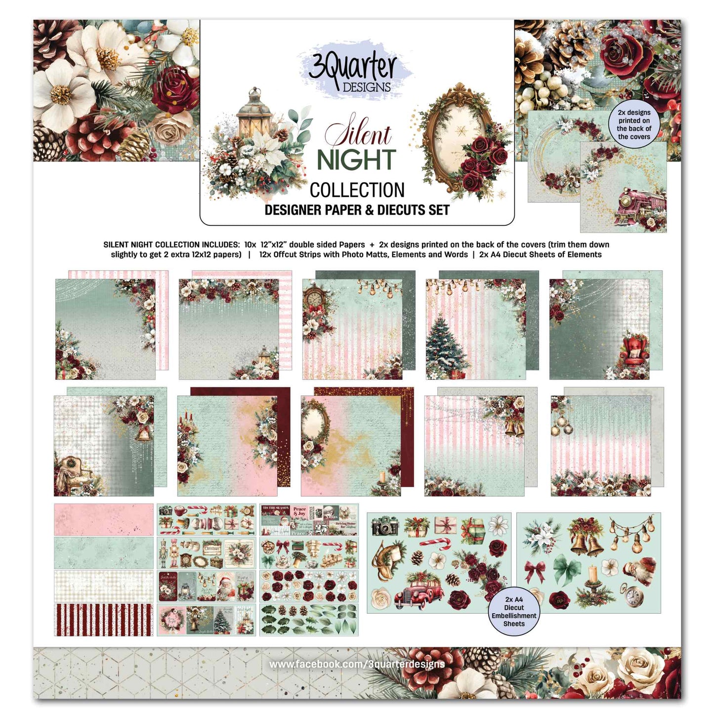 Silent Night 12x12 Scrapbook Collection Kit cover showing all included papers, die-cut sheets and coordinating extras laid out flat