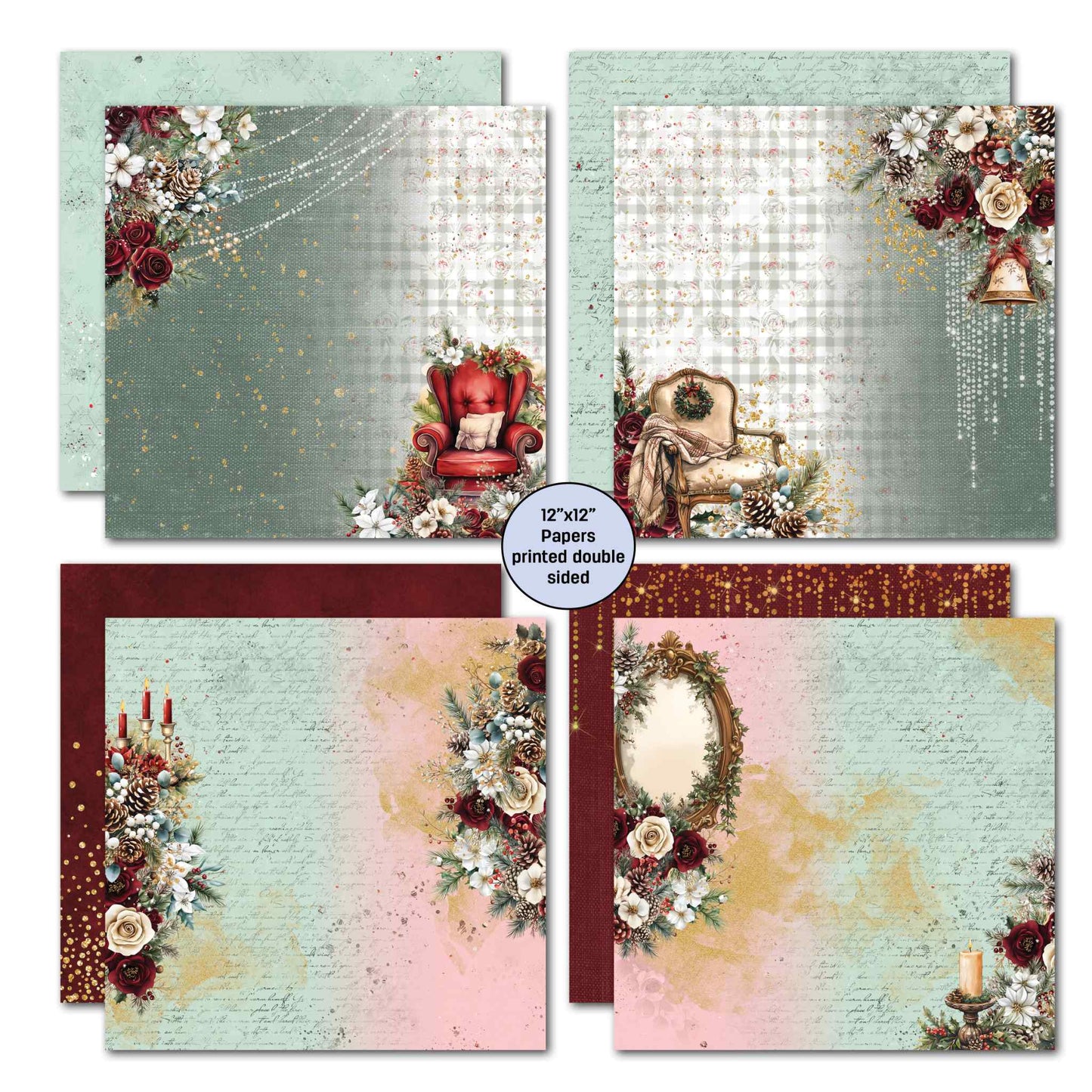 Silent Night 12x12 papers showing green gingham check with scattered rose motifs, teal linen texture with gold dot splatter, and mint geometric hexagon with silver sparkle
